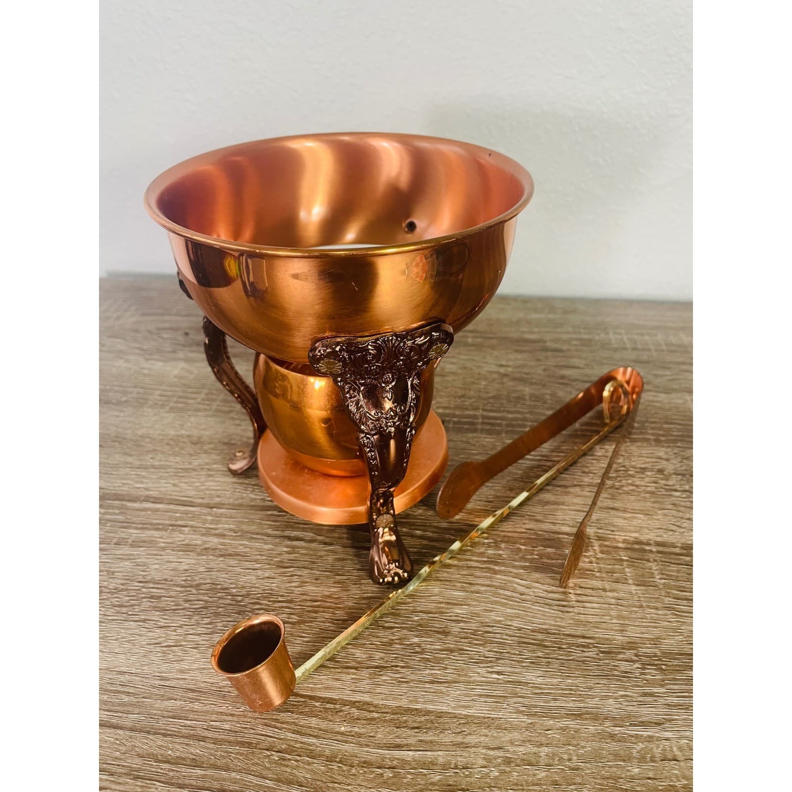 Vintage Copper Brass Warming Stand Candle Snuffer Sugar Tongs - Thumbnail 4