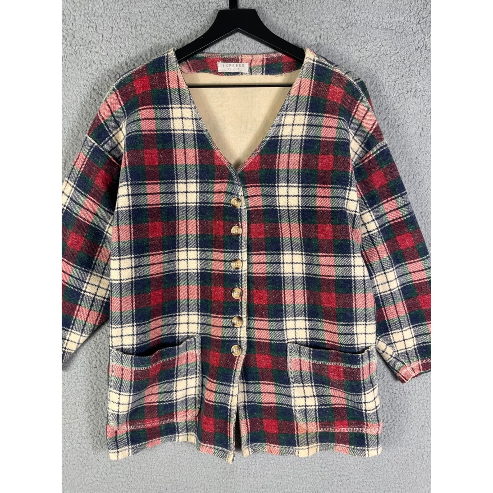 Express Tricot Plaid Button Front Coatigan Vintage Cardigan Jacket Women XL - Thumbnail 7