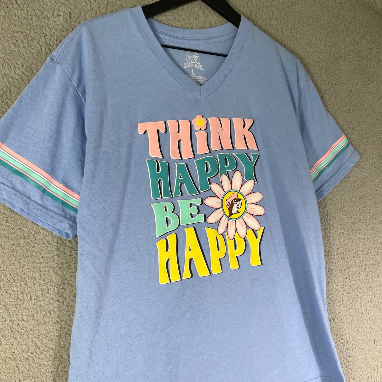 Buc-ees Shirt Womens L Blue Think Happy Be Happy V Neck Graphic Tee Retro Daisy - Thumbnail 4
