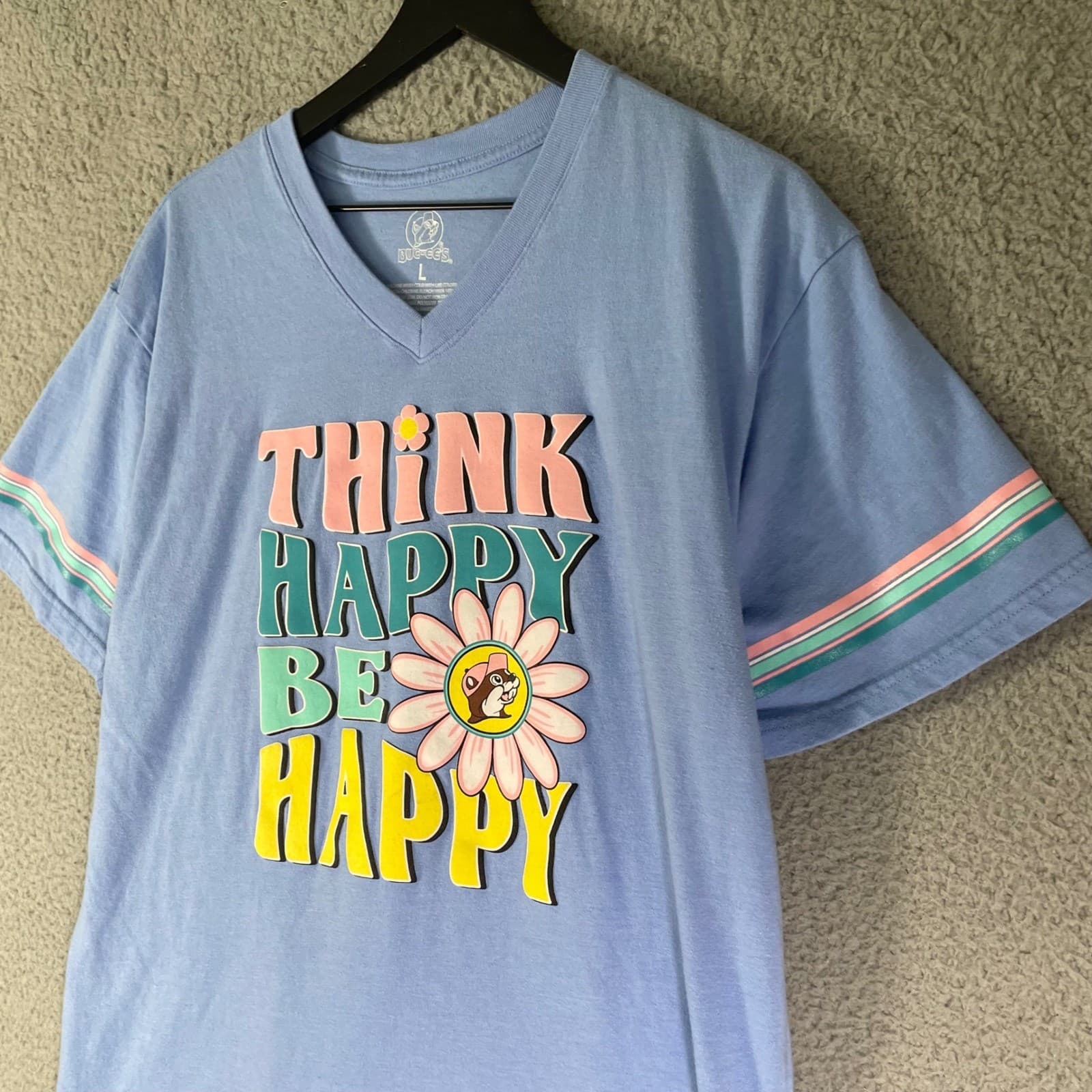 Buc-ees Shirt Womens L Blue Think Happy Be Happy V Neck Graphic Tee Retro Daisy - Thumbnail 5