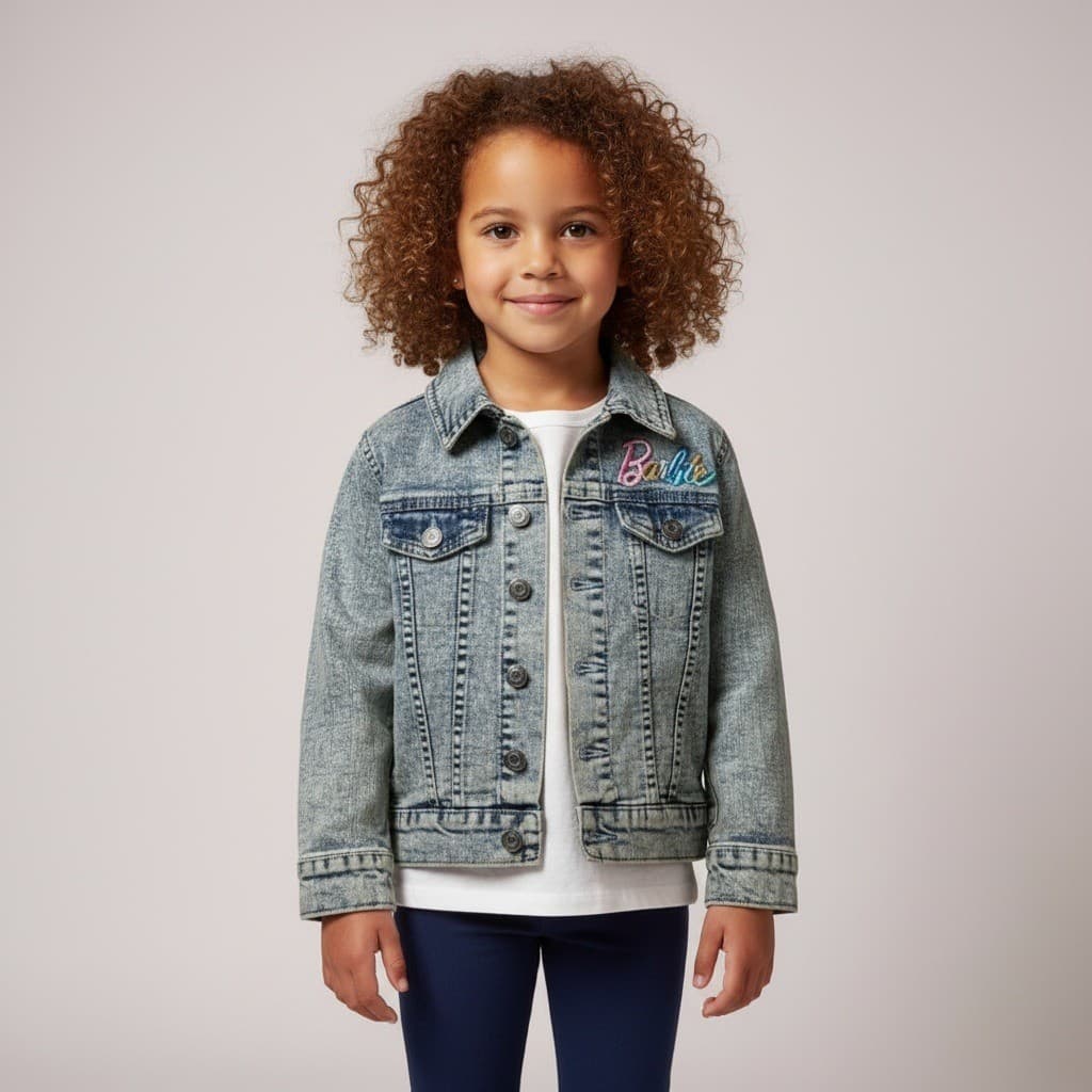 Barbie Denim Jacket Girls XS 4-5 Blue Acid Wash Embroidered Rainbow Trucker Jean - Thumbnail 2