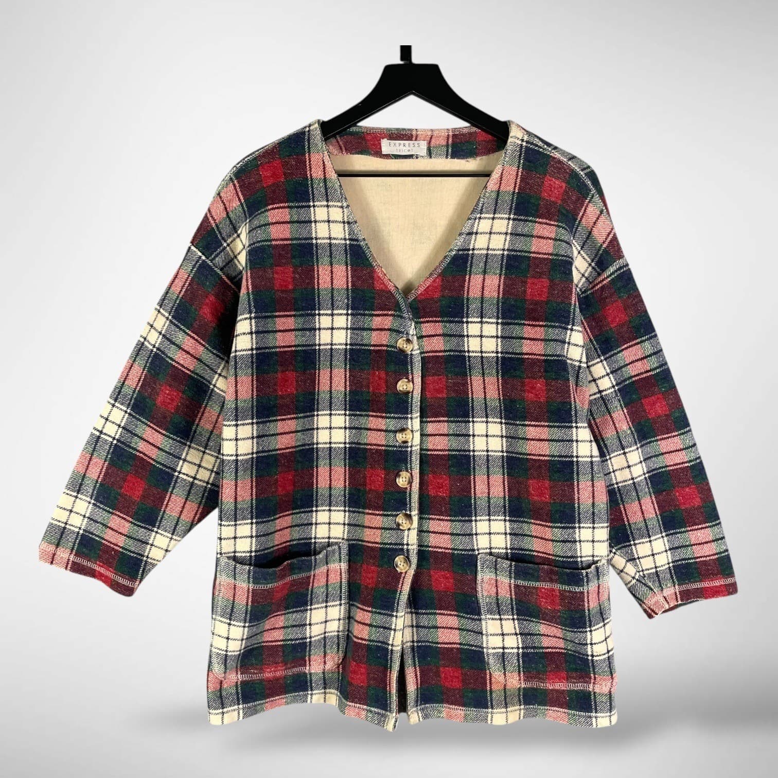 Express Tricot Plaid Button Front Coatigan Vintage Cardigan Jacket Women XL - Thumbnail 2