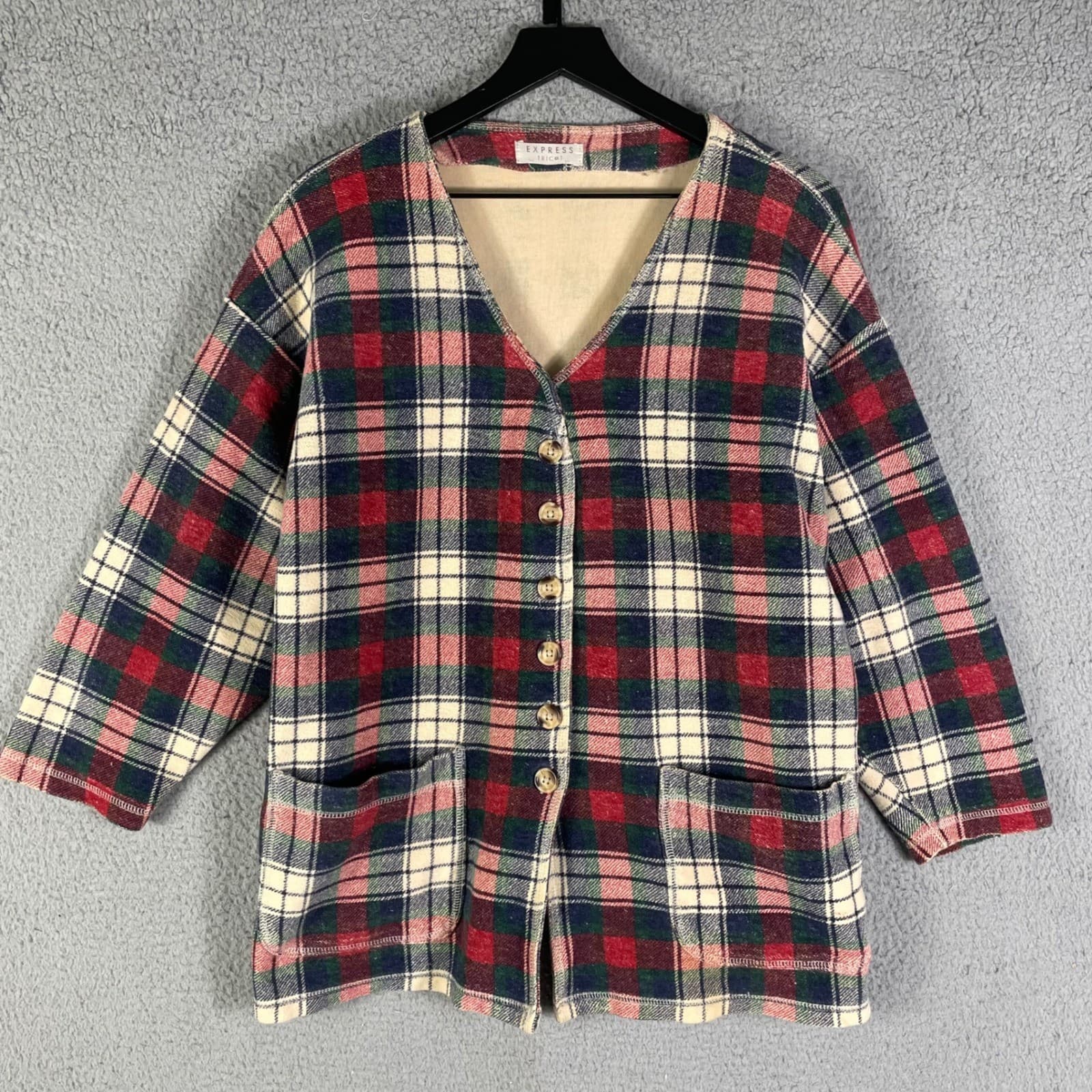 Express Tricot Plaid Button Front Coatigan Vintage Cardigan Jacket Women XL - Thumbnail 5