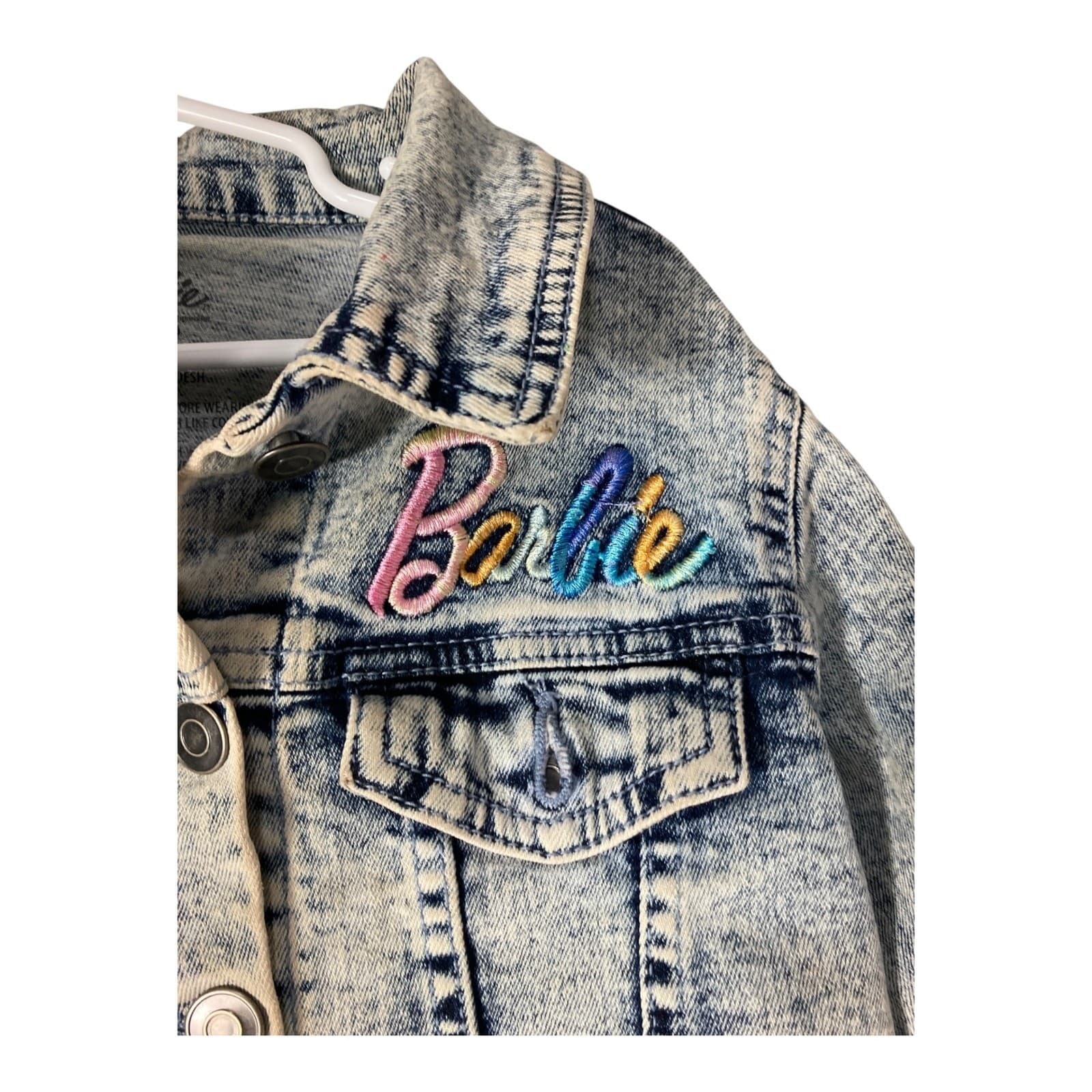 Barbie Denim Jacket Girls XS 4-5 Blue Acid Wash Embroidered Rainbow Trucker Jean - Thumbnail 5