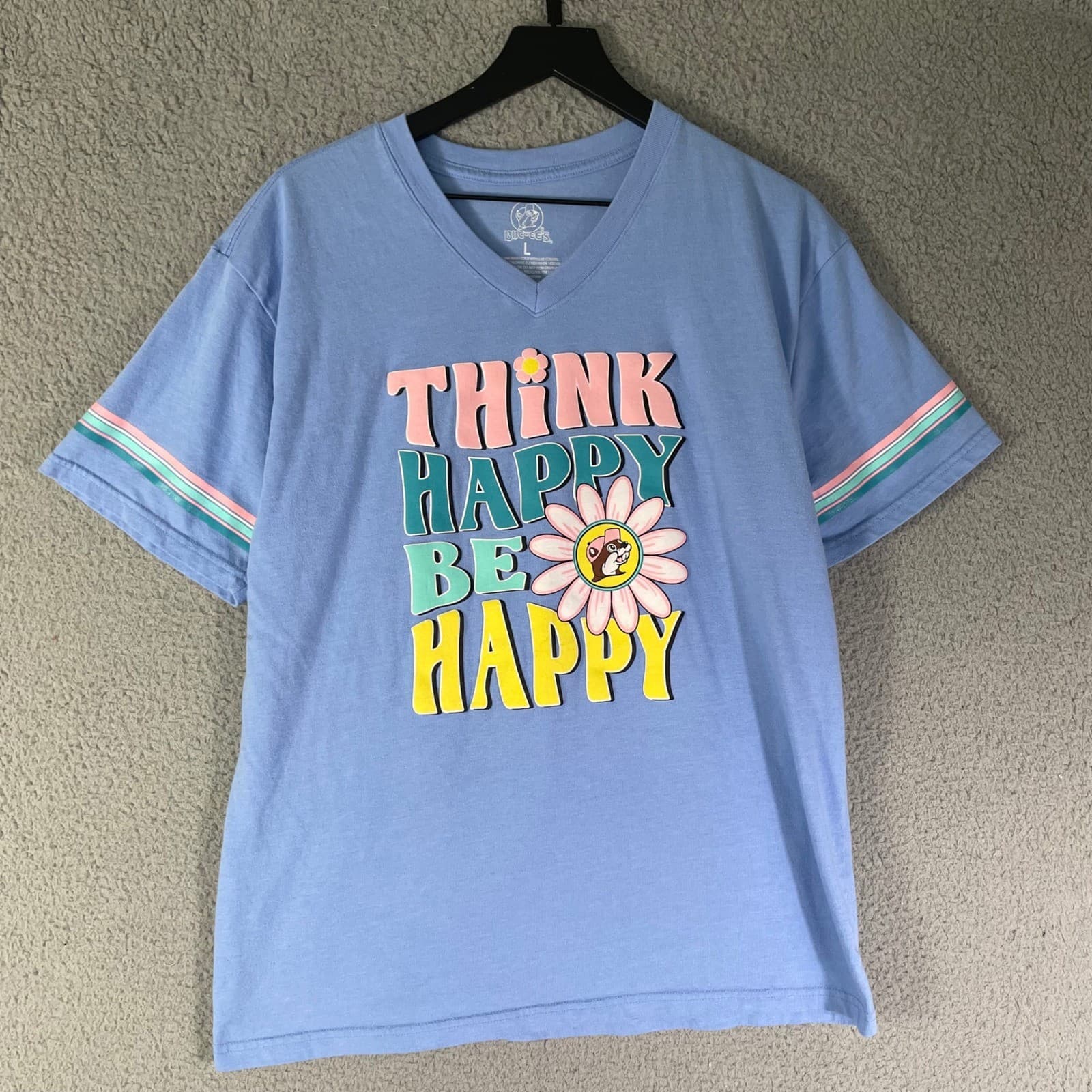 Buc-ees Shirt Womens L Blue Think Happy Be Happy V Neck Graphic Tee Retro Daisy - Thumbnail 2