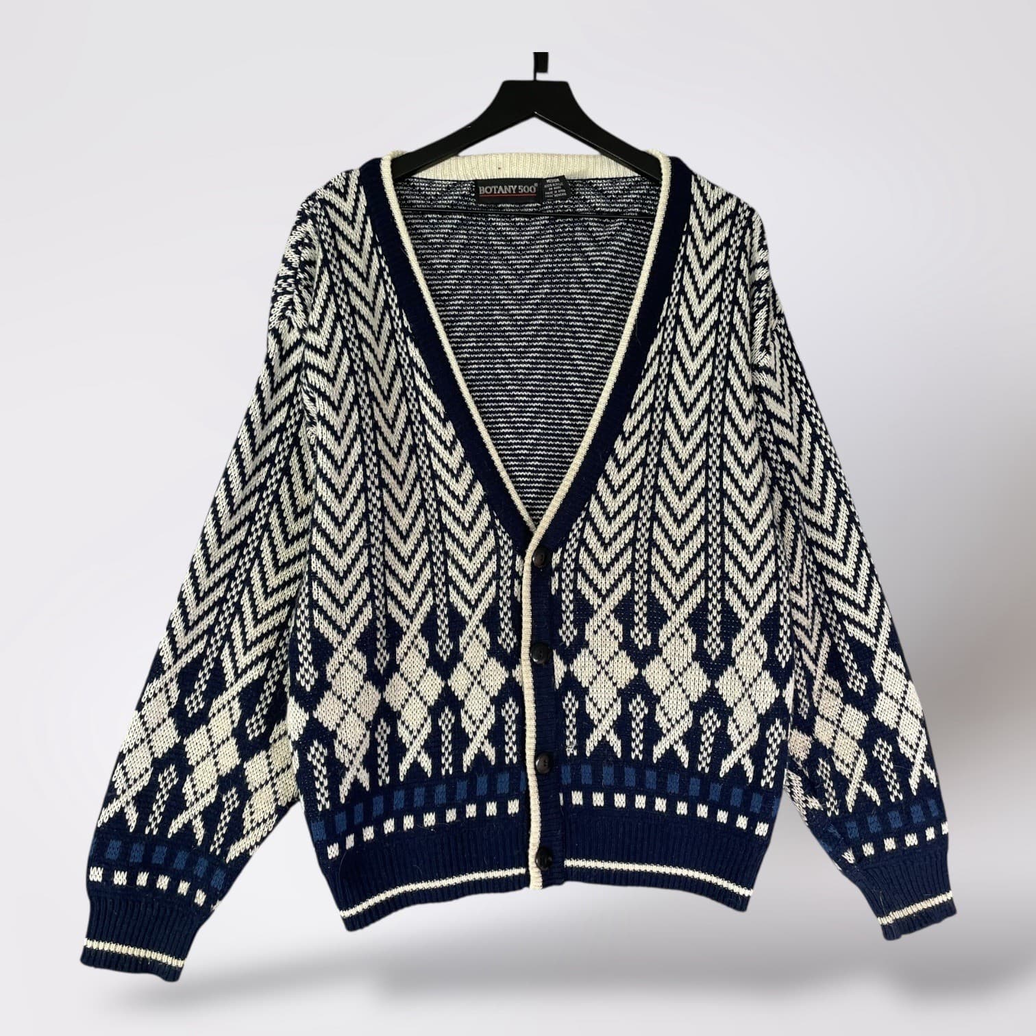 Botany 500 Cardigan Sweater Mens M Navy Blue Geometric Chevron Argyle Knit VTG
