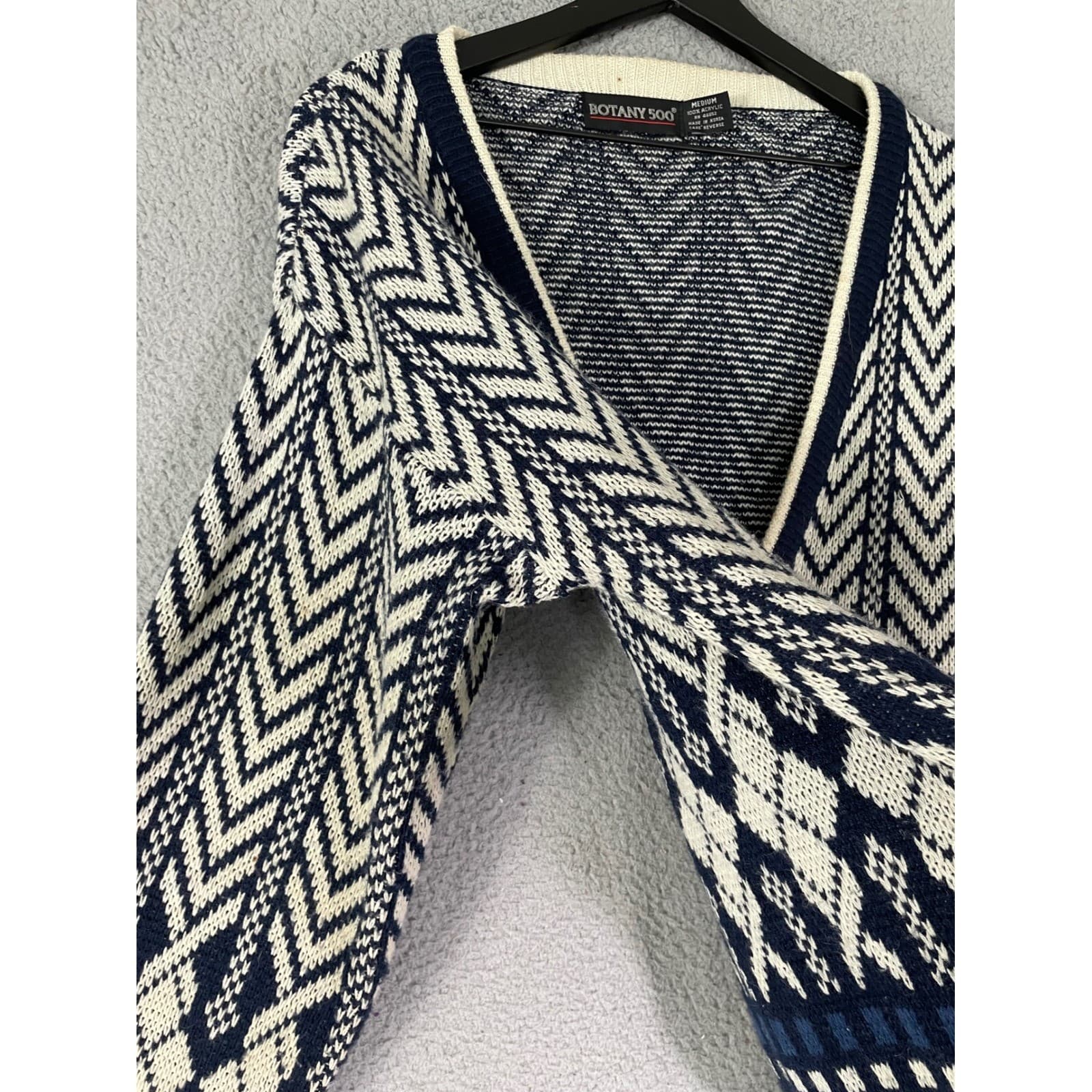 Botany 500 Cardigan Sweater Mens M Navy Blue Geometric Chevron Argyle Knit VTG - Thumbnail 8