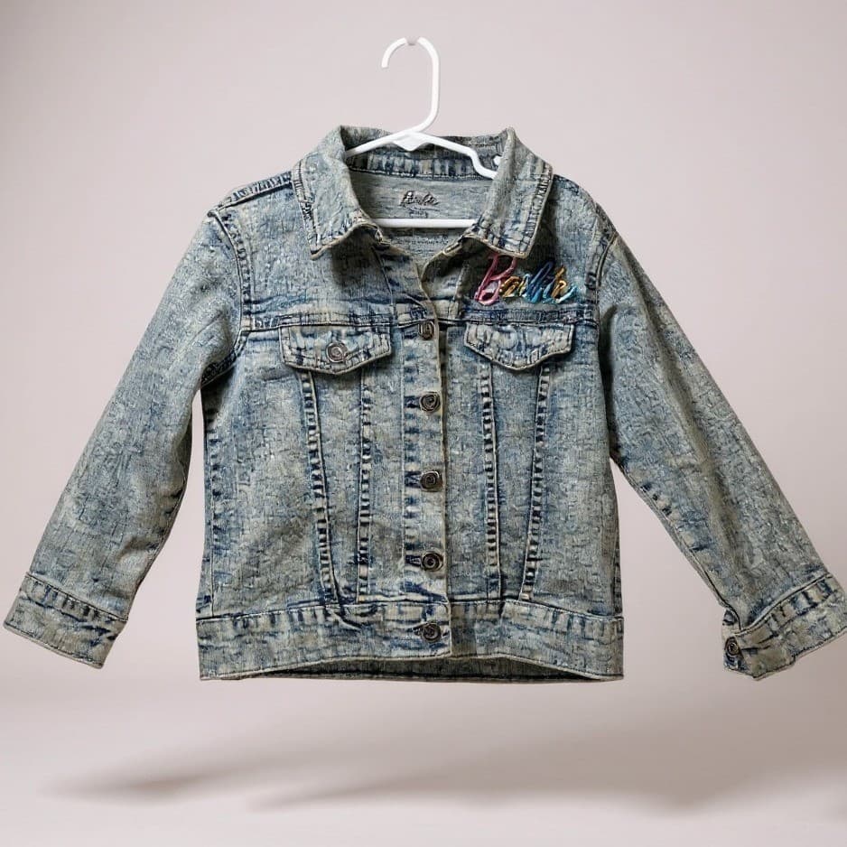 Barbie Denim Jacket Girls XS 4-5 Blue Acid Wash Embroidered Rainbow Trucker Jean - Thumbnail 3