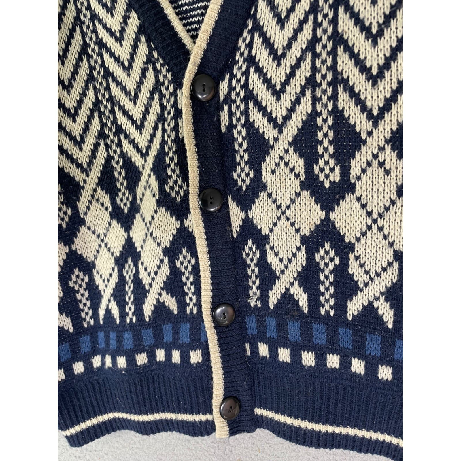 Botany 500 Cardigan Sweater Mens M Navy Blue Geometric Chevron Argyle Knit VTG - Thumbnail 5