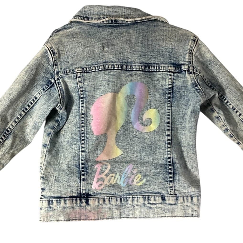 Barbie Denim Jacket Girls XS 4-5 Blue Acid Wash Embroidered Rainbow Trucker Jean - Thumbnail 11