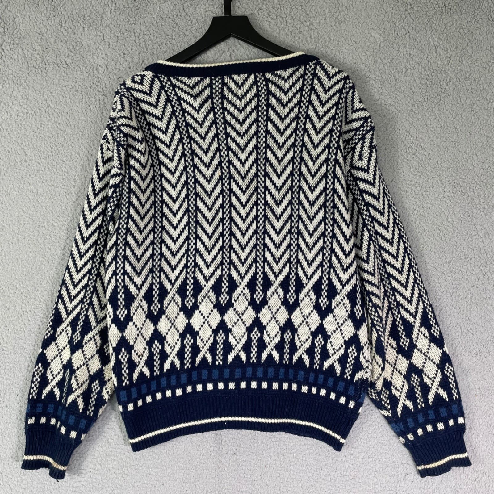 Botany 500 Cardigan Sweater Mens M Navy Blue Geometric Chevron Argyle Knit VTG - Thumbnail 10