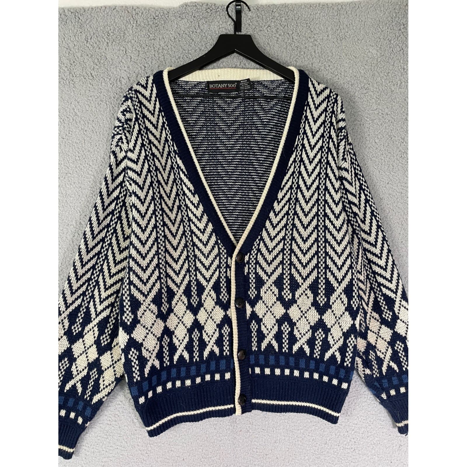 Botany 500 Cardigan Sweater Mens M Navy Blue Geometric Chevron Argyle Knit VTG - Thumbnail 4