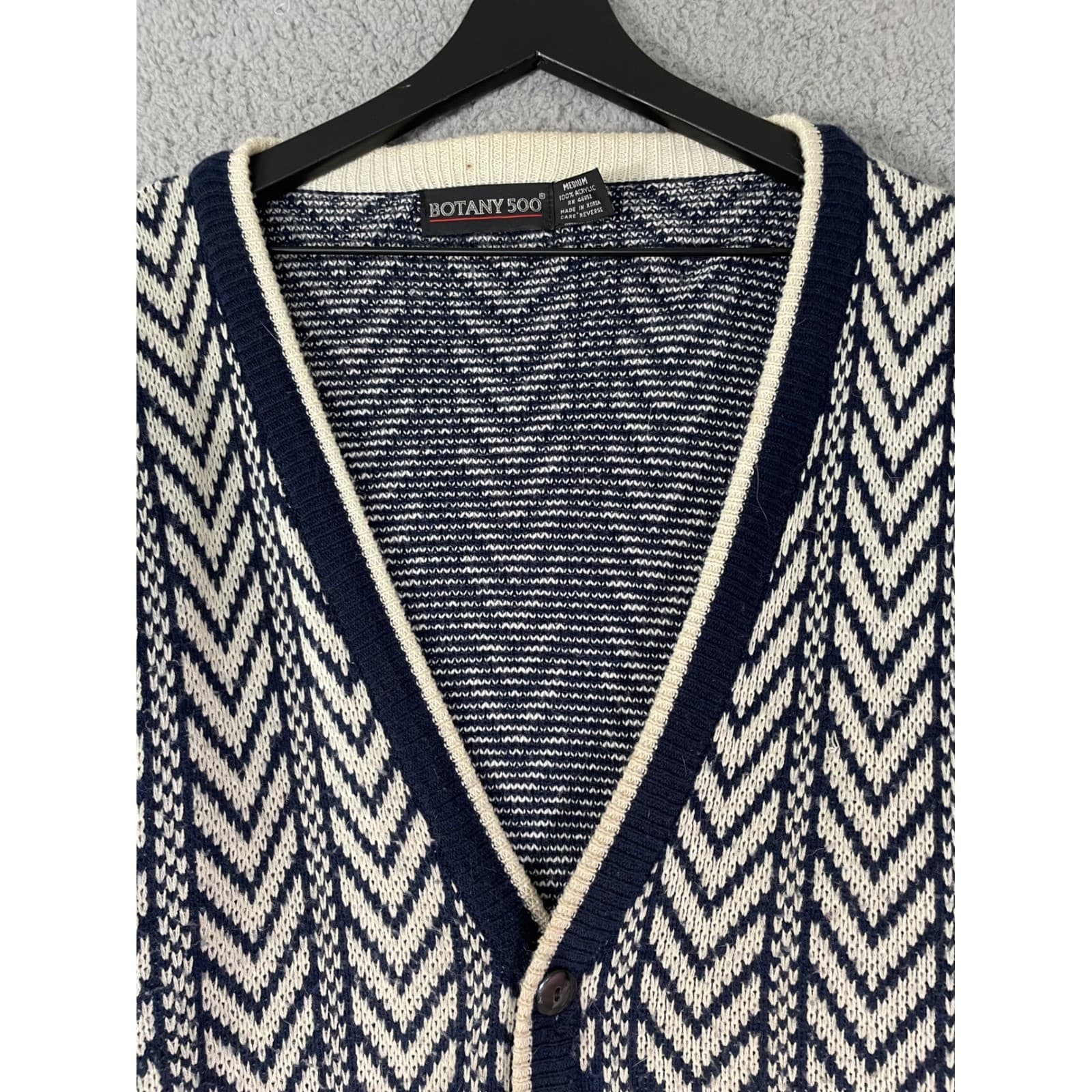 Botany 500 Cardigan Sweater Mens M Navy Blue Geometric Chevron Argyle Knit VTG - Thumbnail 6