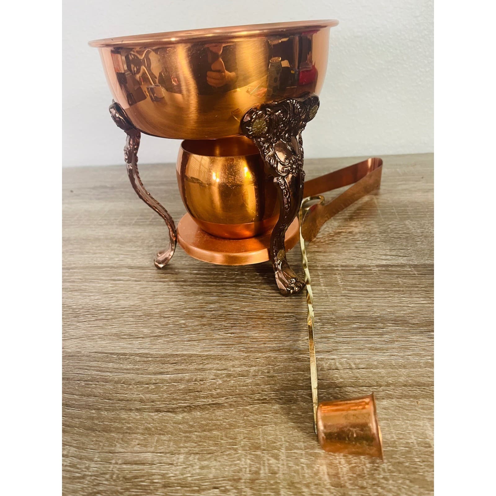 Vintage Copper Brass Warming Stand Candle Snuffer Sugar Tongs - Thumbnail 9