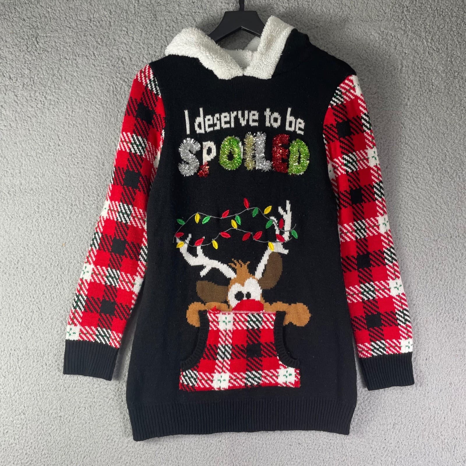No Boundaries Kids Ugly Christmas Sweater Hoodie L 11-13 Plaid Reindeer - Thumbnail 5