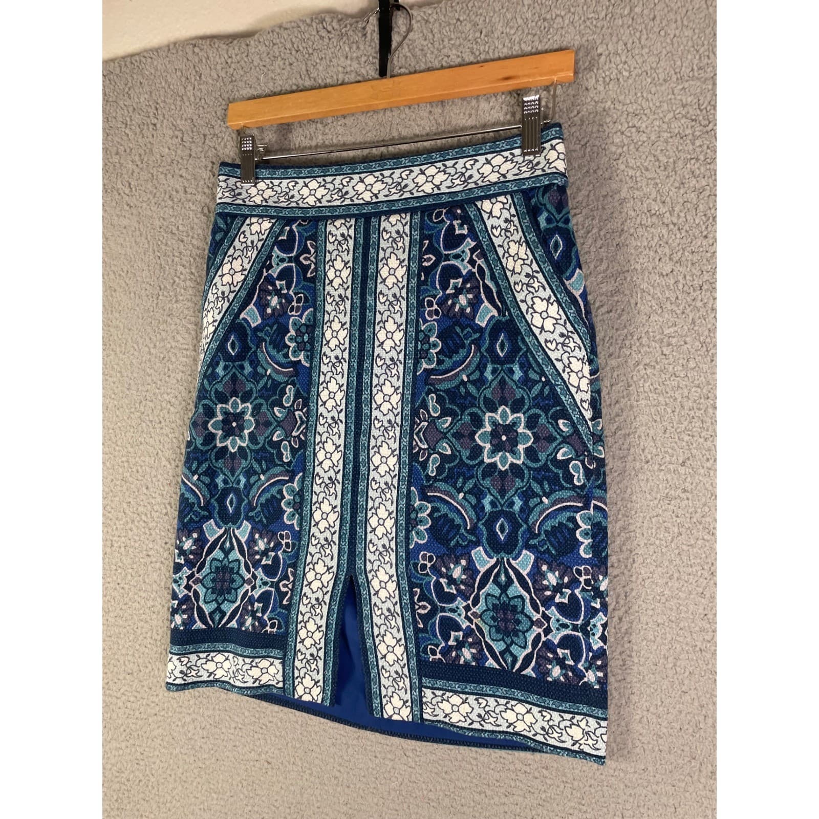 LOFT Pencil Skirt Womens Size 2 Blue Geometric Knee Length Stretch Office Split - Thumbnail 9