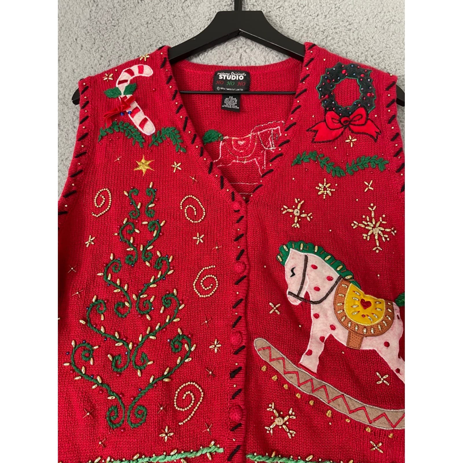 Designers Originals Studio Vintage Christmas Vest Red Rocking Horse Tree 2X - Thumbnail 11