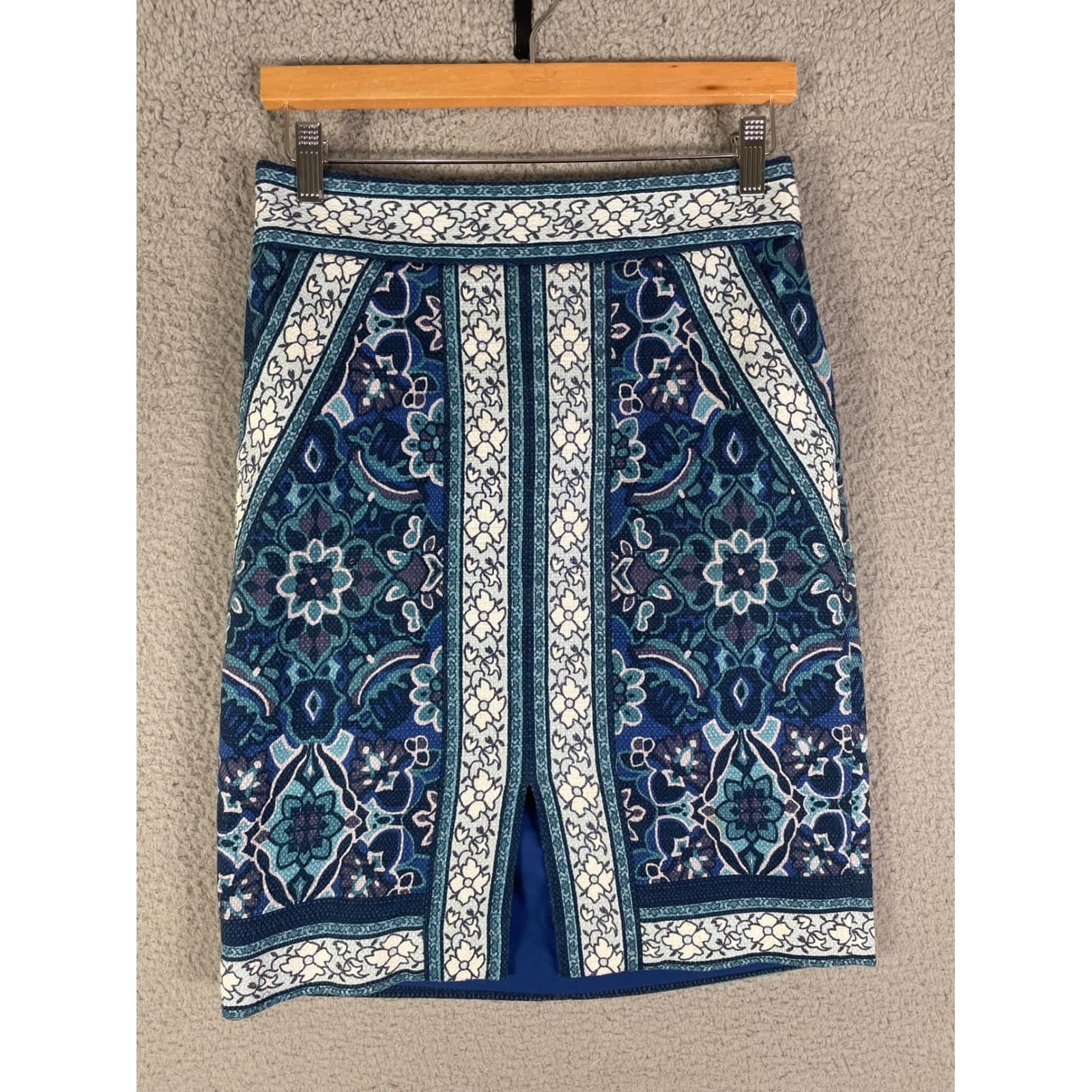 LOFT Pencil Skirt Womens Size 2 Blue Geometric Knee Length Stretch Office Split - Thumbnail 7
