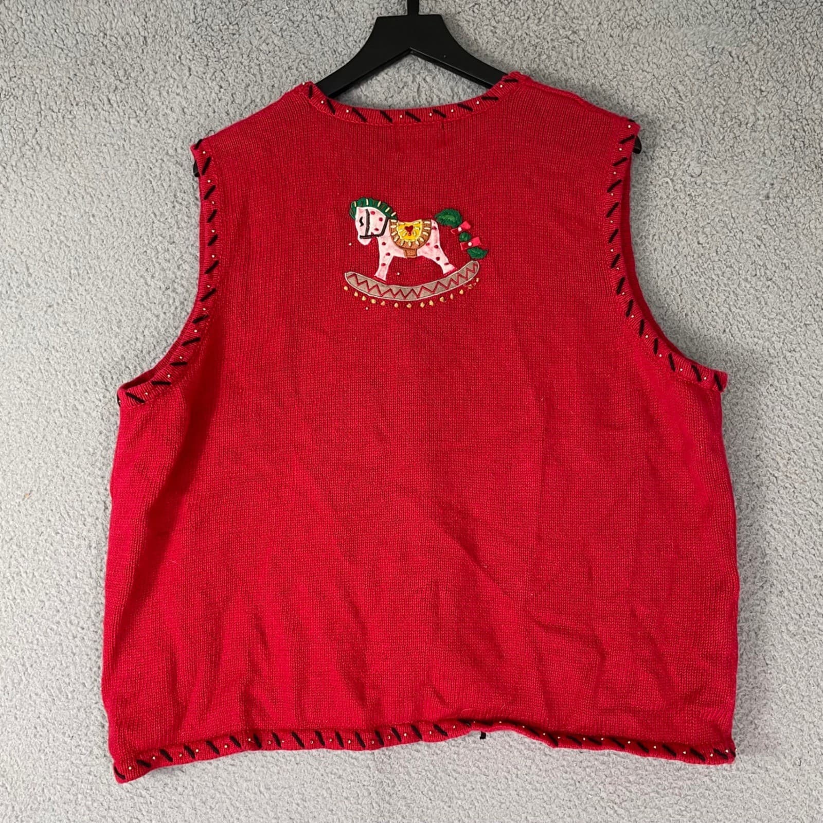 Designers Originals Studio Vintage Christmas Vest Red Rocking Horse Tree 2X - Thumbnail 5