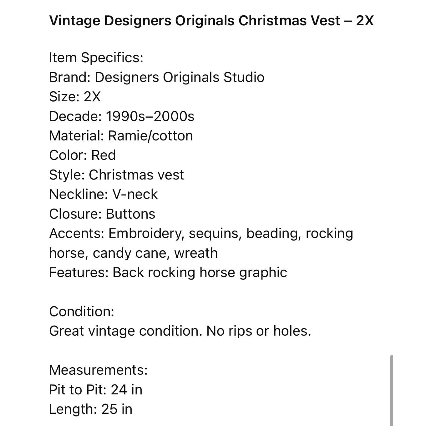 Designers Originals Studio Vintage Christmas Vest Red Rocking Horse Tree 2X - Thumbnail 2