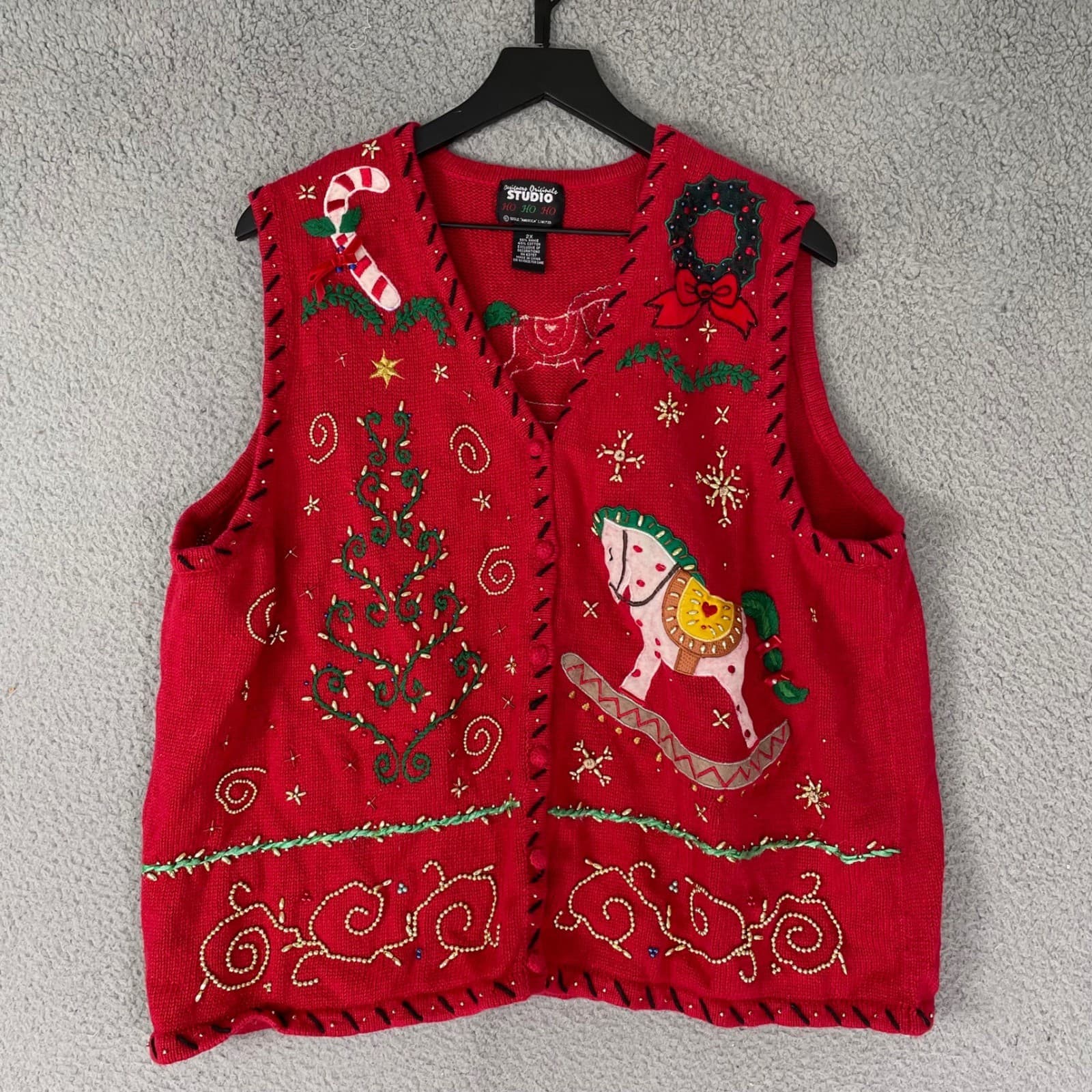 Designers Originals Studio Vintage Christmas Vest Red Rocking Horse Tree 2X - Thumbnail 4
