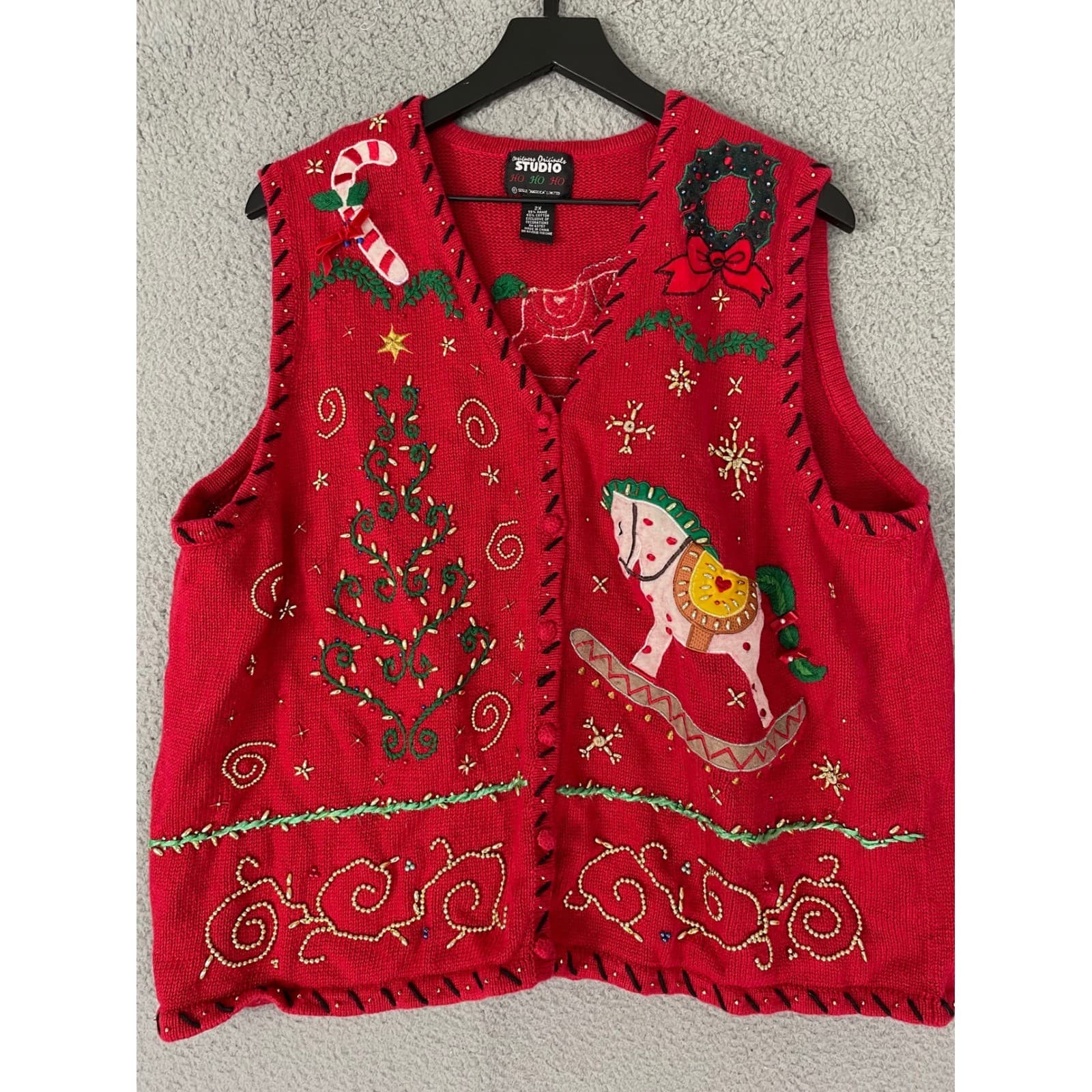 Designers Originals Studio Vintage Christmas Vest Red Rocking Horse Tree 2X - Thumbnail 6