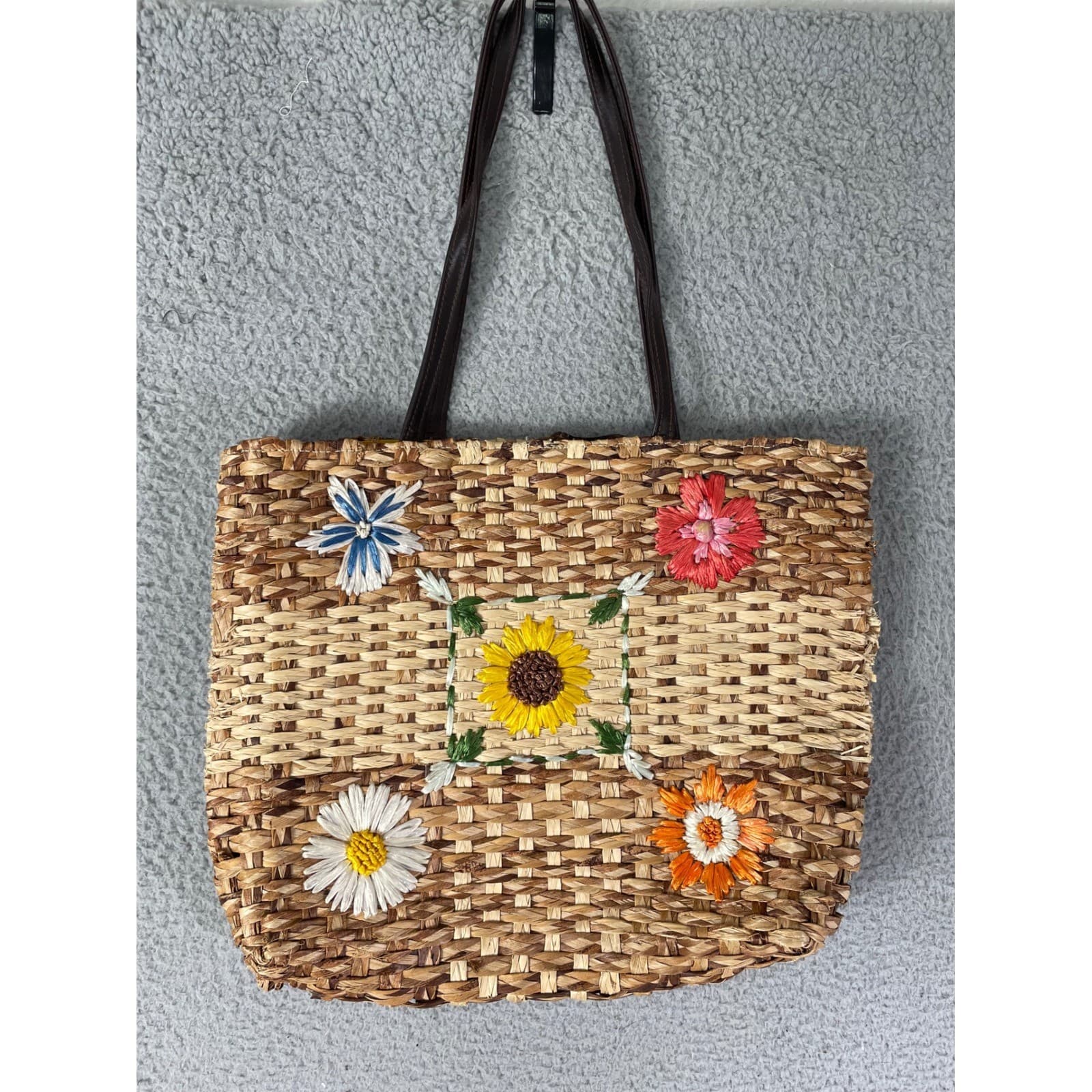 Charter Club Straw Woven Floral Applique Tote Bag Purse Yellow Lined - Thumbnail 2