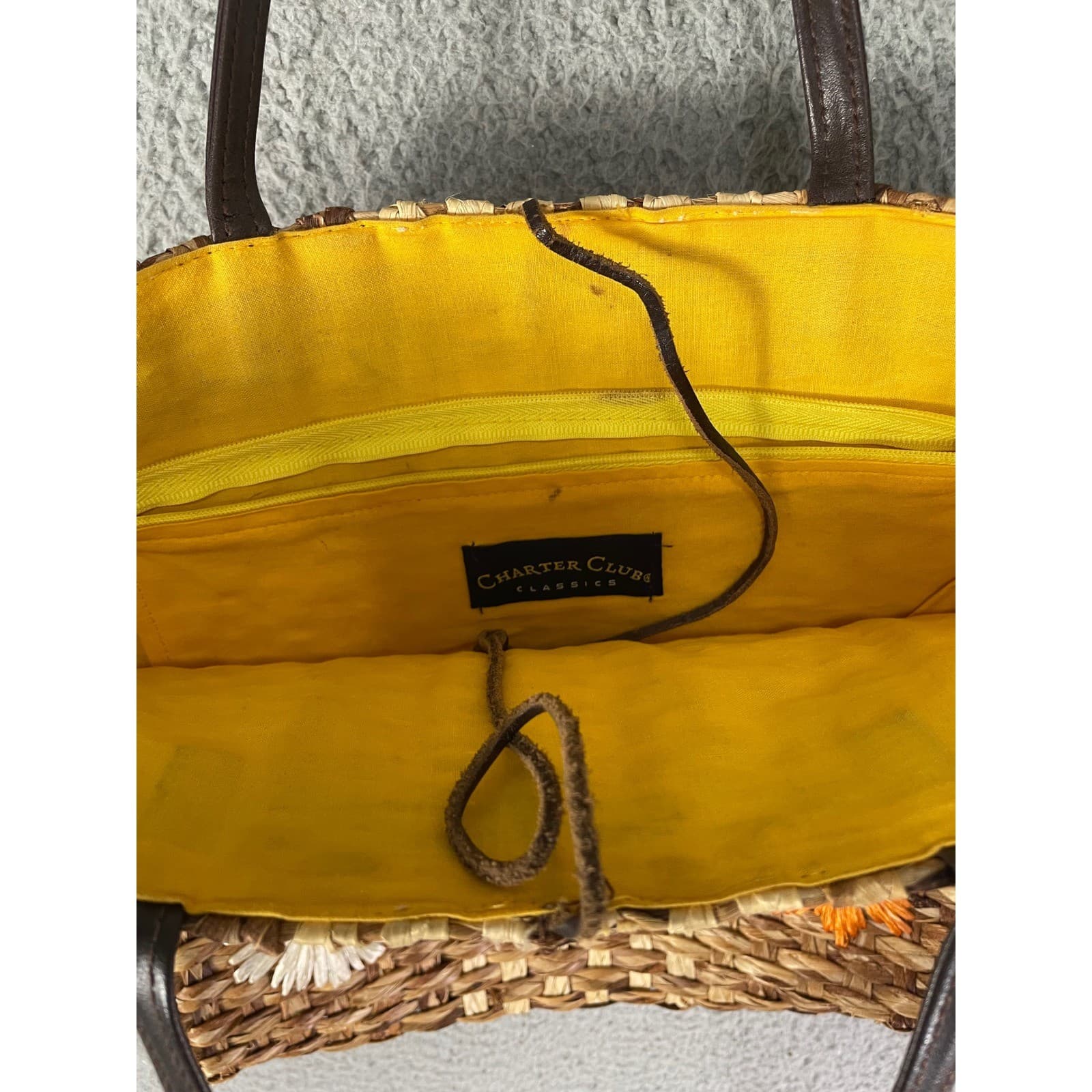 Charter Club Straw Woven Floral Applique Tote Bag Purse Yellow Lined - Thumbnail 5