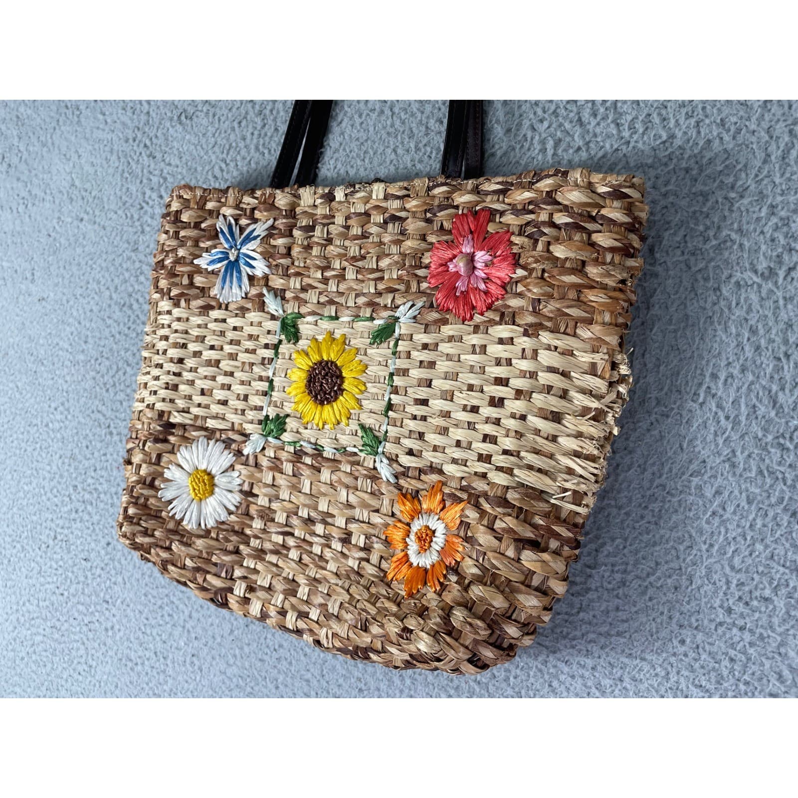 Charter Club Straw Woven Floral Applique Tote Bag Purse Yellow Lined - Thumbnail 8