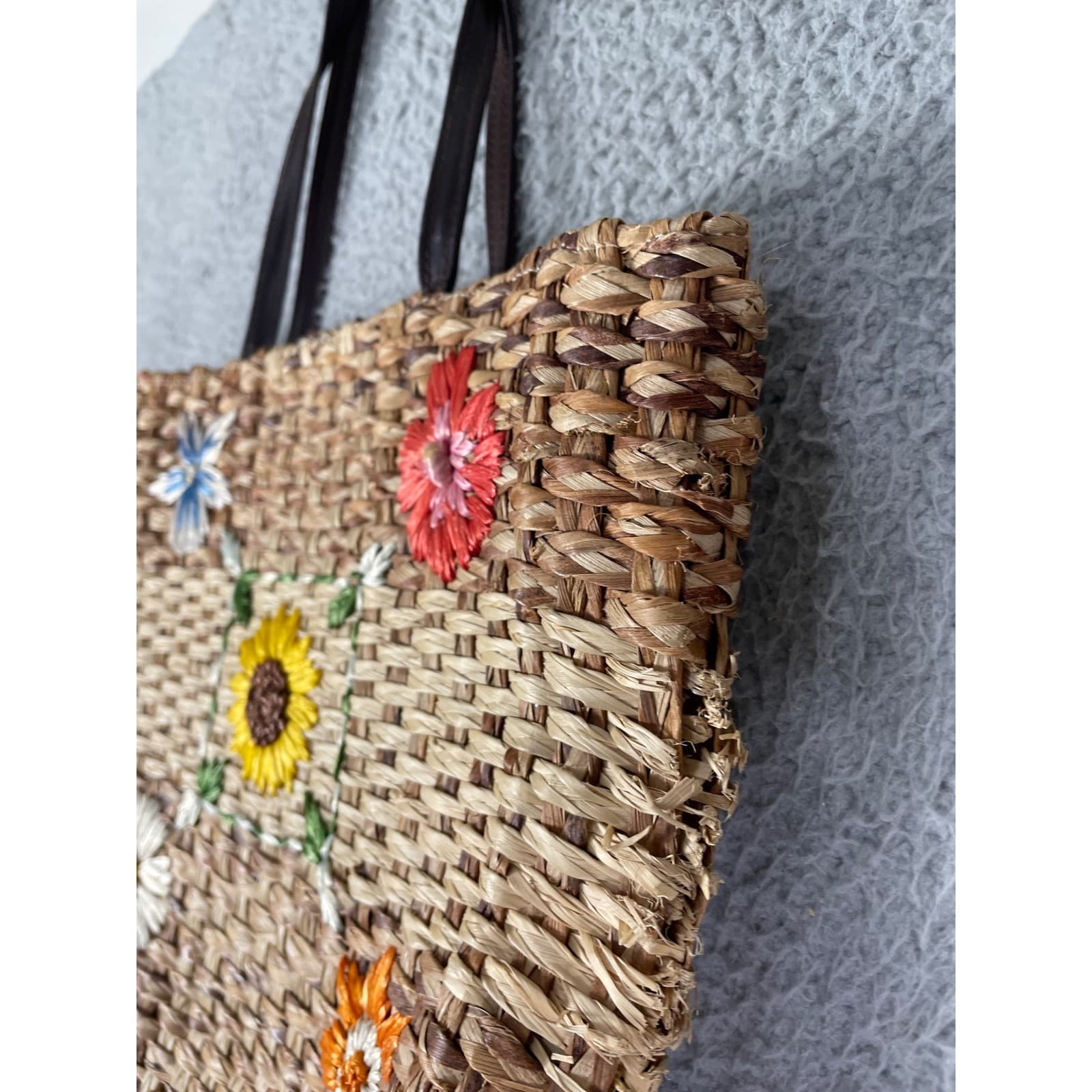 Charter Club Straw Woven Floral Applique Tote Bag Purse Yellow Lined - Thumbnail 9