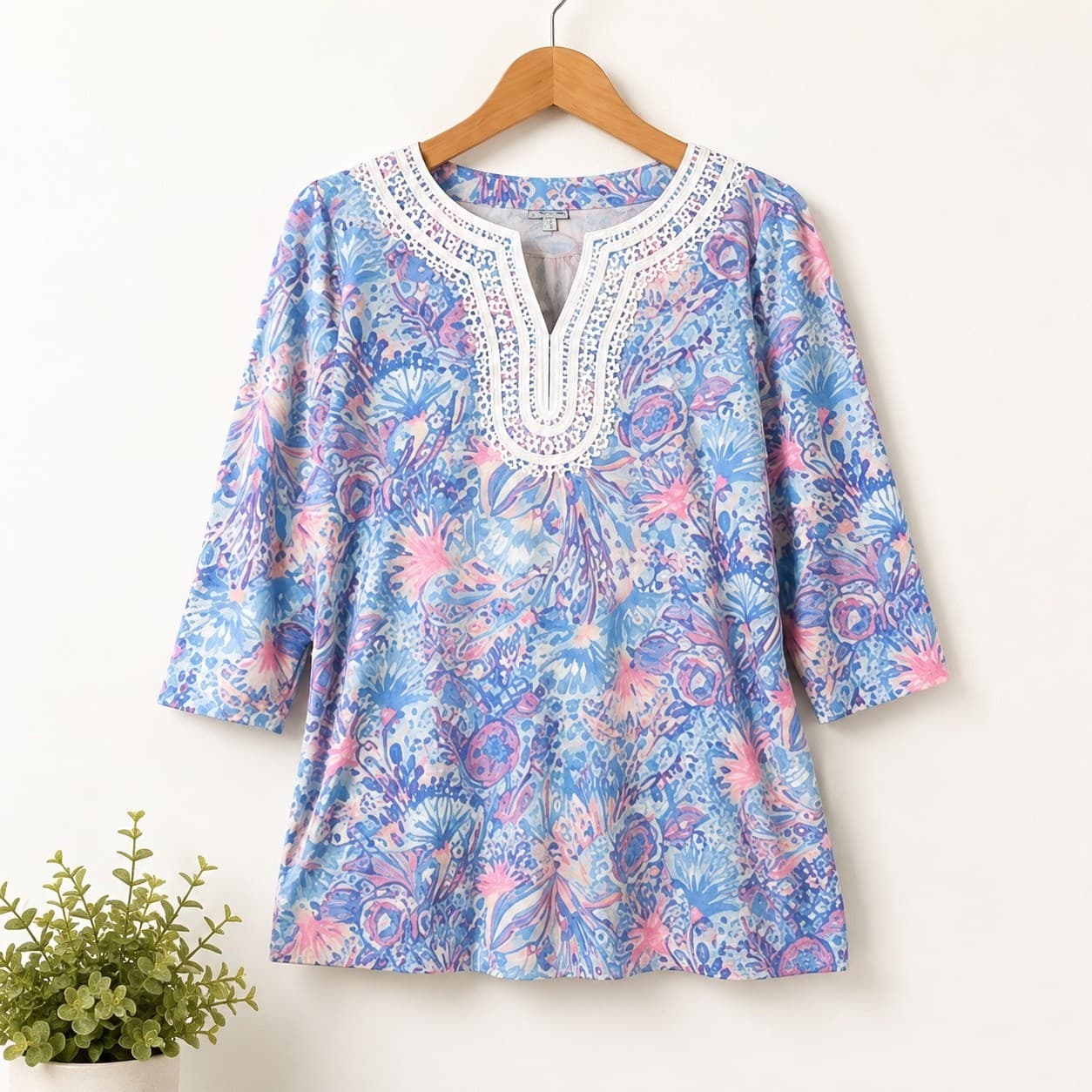 Talbots Tunic Top Womens XL Blue Floral Lace Trim 3/4 Sleeve Cotton Modal Boho