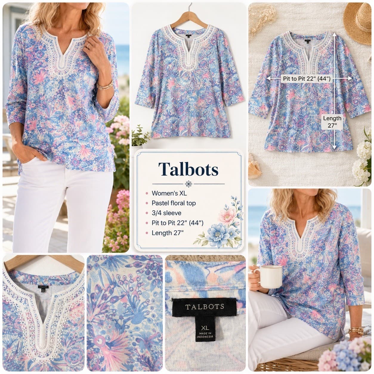 Talbots Tunic Top Womens XL Blue Floral Lace Trim 3/4 Sleeve Cotton Modal Boho - Thumbnail 2