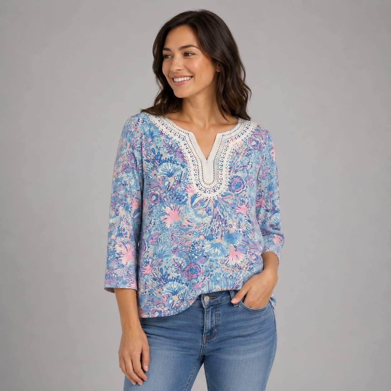 Talbots Tunic Top Womens XL Blue Floral Lace Trim 3/4 Sleeve Cotton Modal Boho - Thumbnail 3