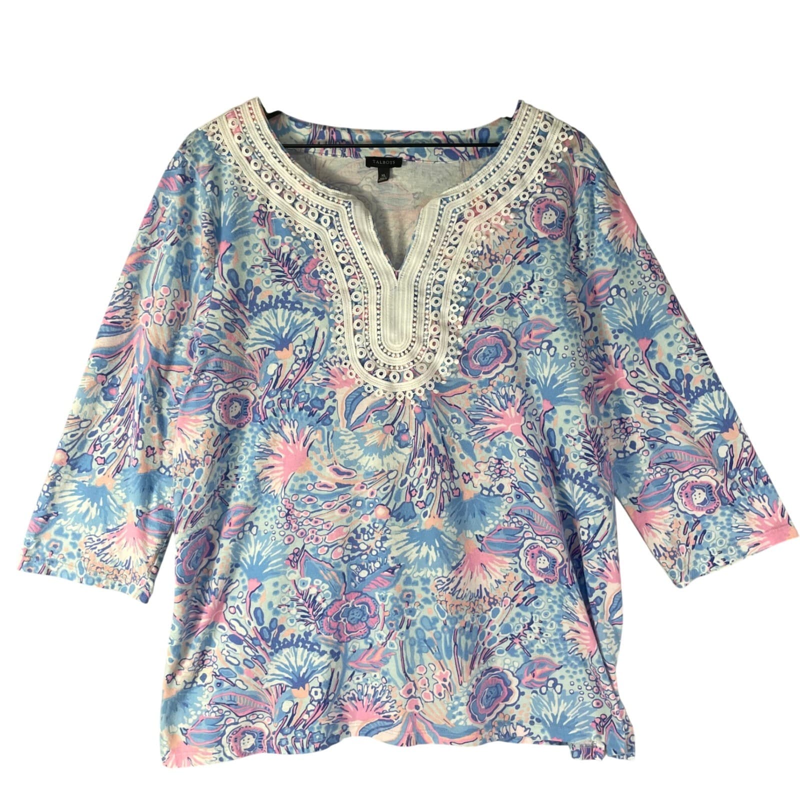 Talbots Tunic Top Womens XL Blue Floral Lace Trim 3/4 Sleeve Cotton Modal Boho - Thumbnail 4