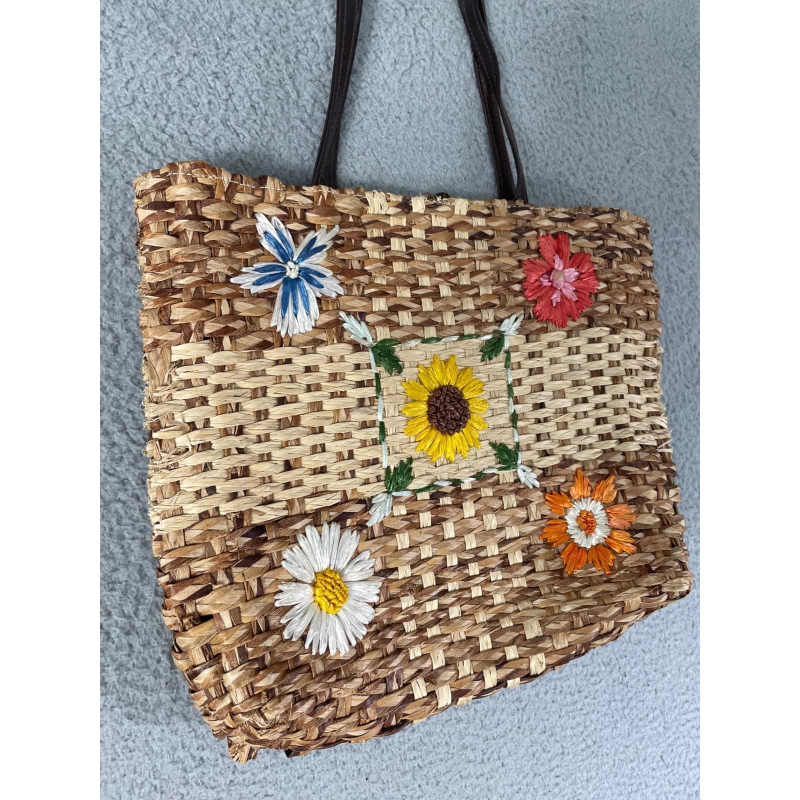 Charter Club Straw Woven Floral Applique Tote Bag Purse Yellow Lined - Thumbnail 6