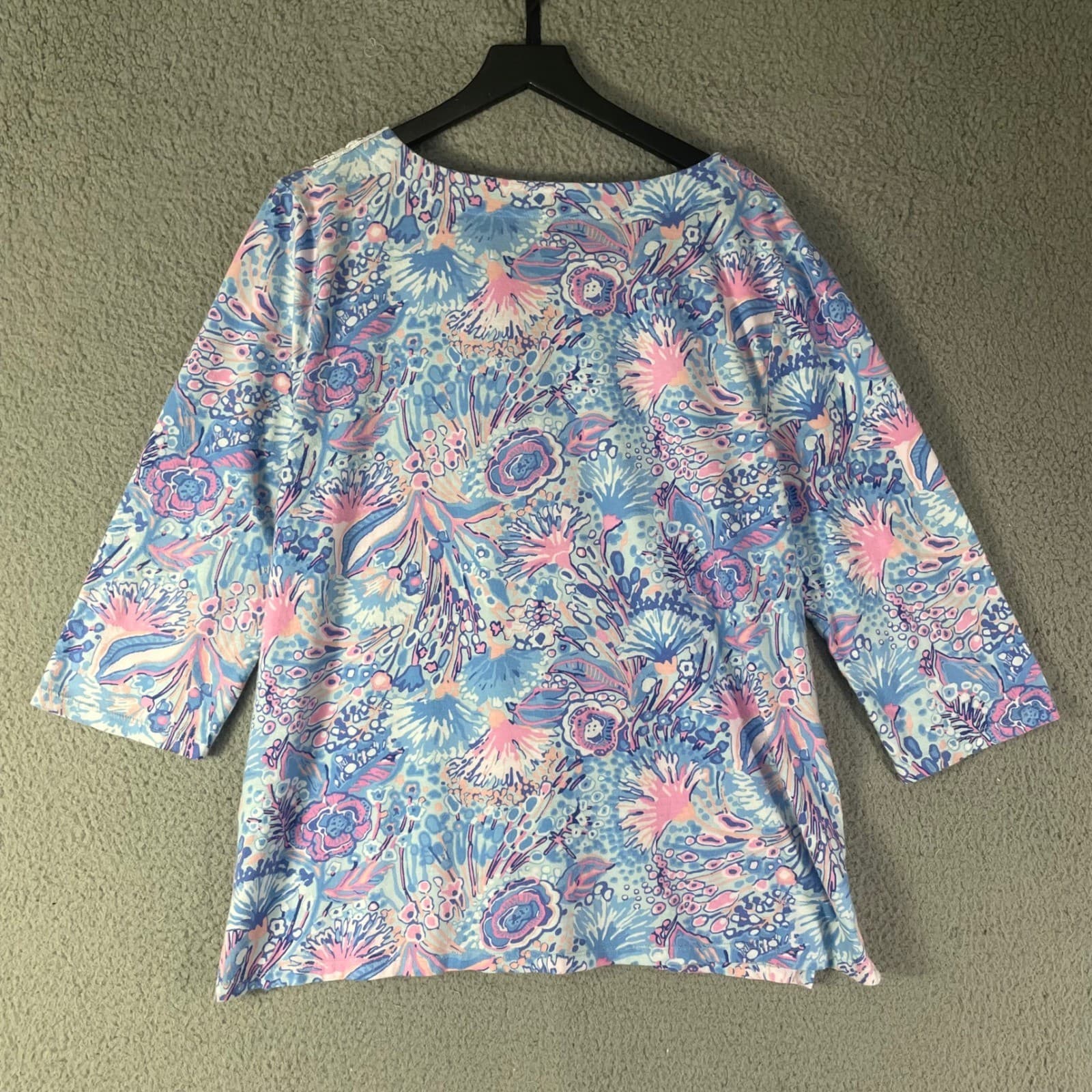 Talbots Tunic Top Womens XL Blue Floral Lace Trim 3/4 Sleeve Cotton Modal Boho - Thumbnail 6