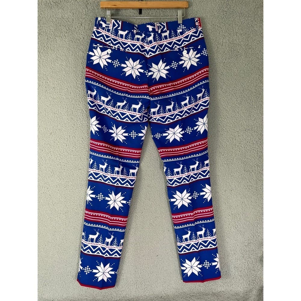 OPPOSUITS Mens Ugly Christmas Pants Reindeer Snowflake Blue Red Size 38W 31L - Thumbnail 6