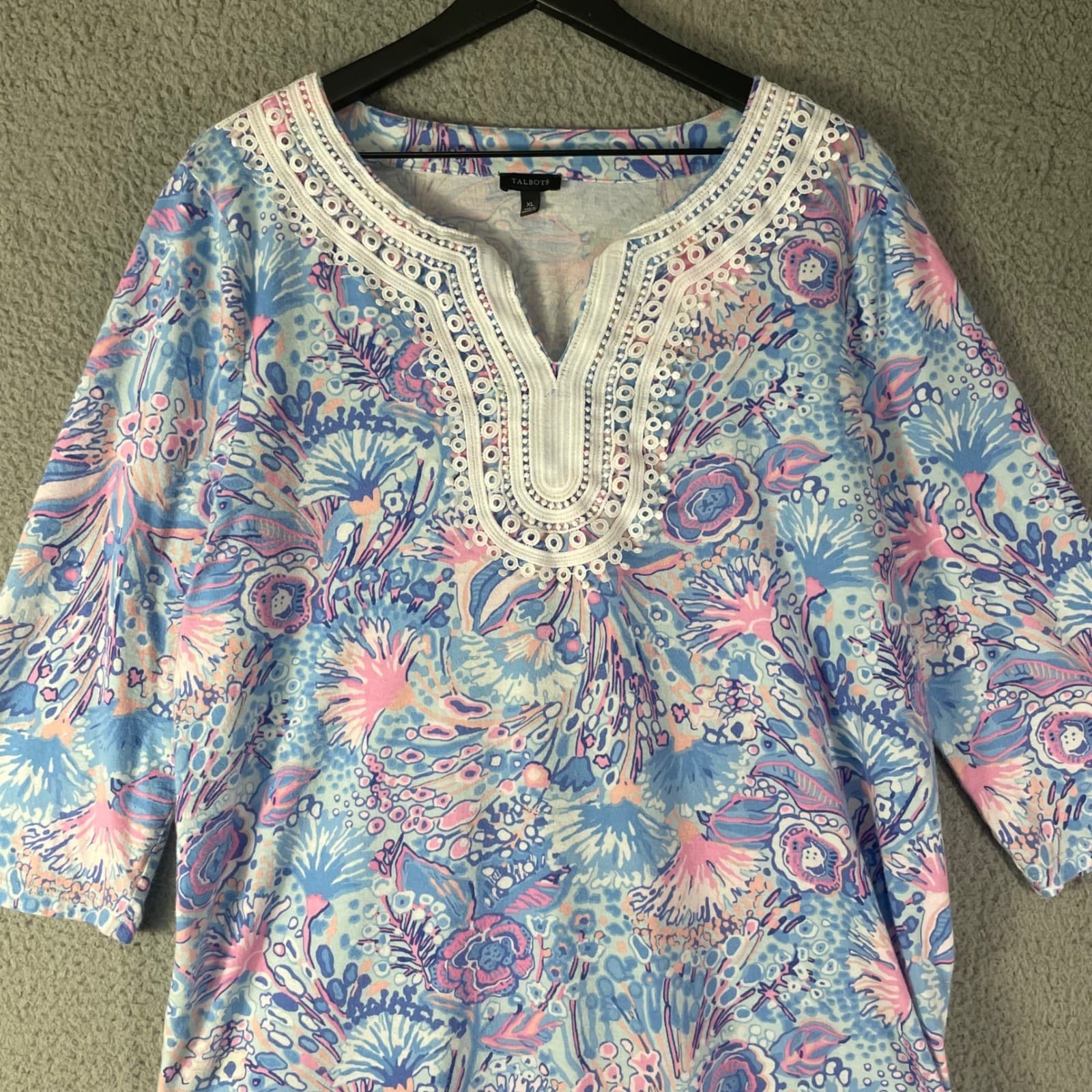 Talbots Tunic Top Womens XL Blue Floral Lace Trim 3/4 Sleeve Cotton Modal Boho - Thumbnail 9