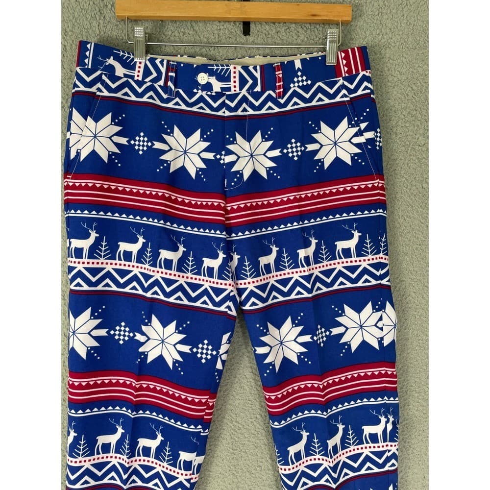 OPPOSUITS Mens Ugly Christmas Pants Reindeer Snowflake Blue Red Size 38W 31L - Thumbnail 8