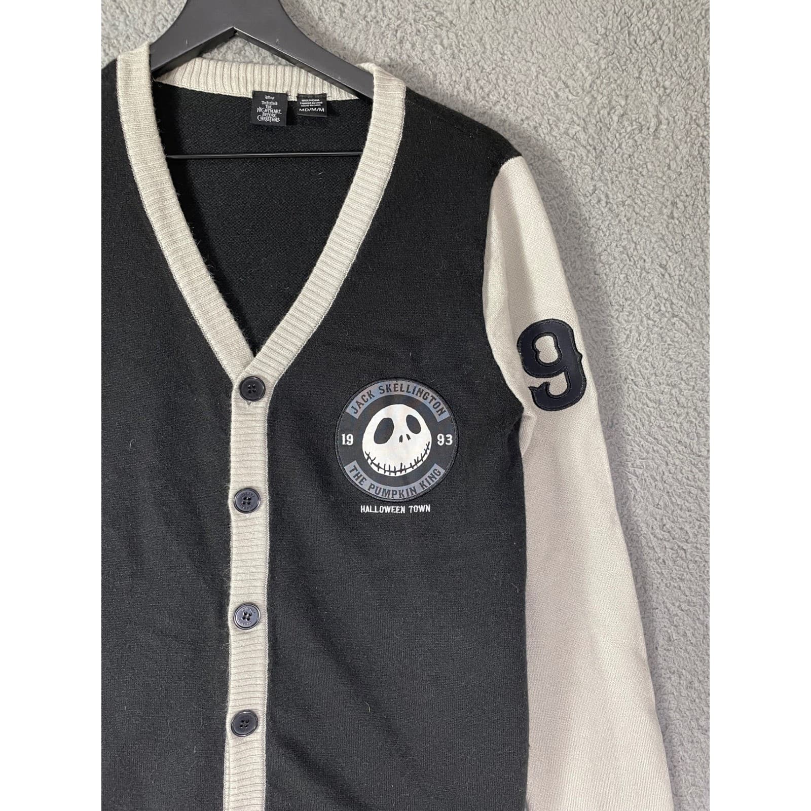 Disney Jack Skellington Cardigan Men's Medium Black Gray Varsity Style Sweater - Thumbnail 7
