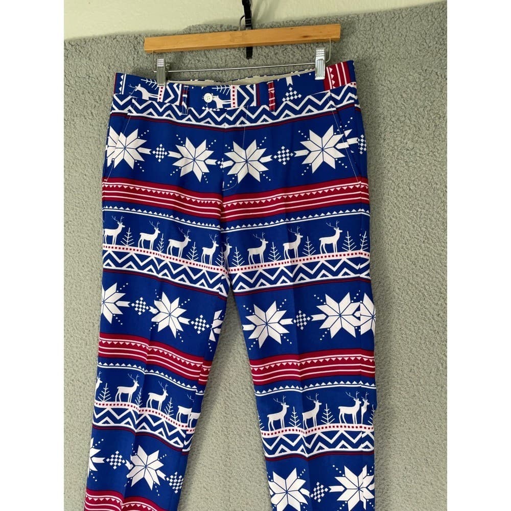 OPPOSUITS Mens Ugly Christmas Pants Reindeer Snowflake Blue Red Size 38W 31L - Thumbnail 10