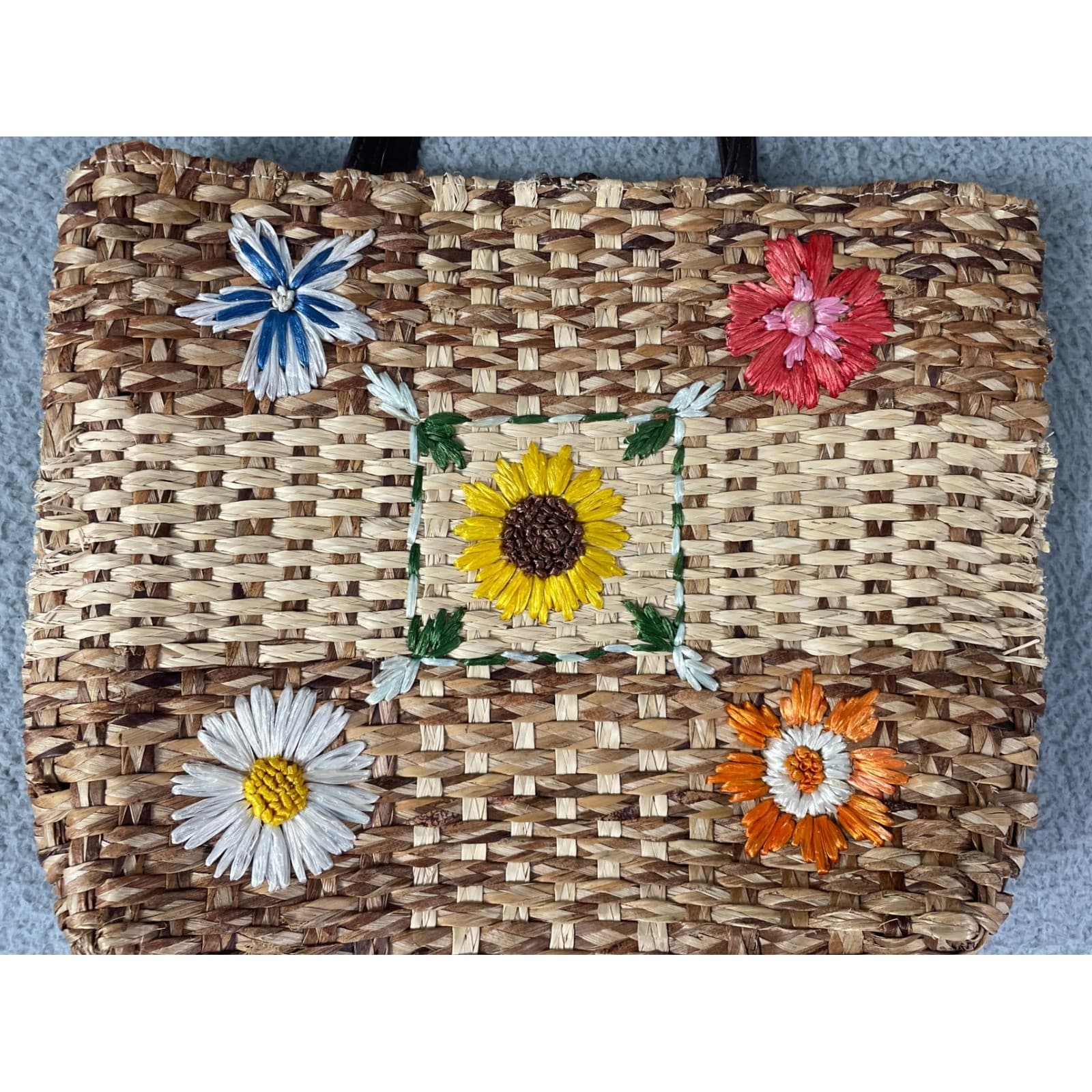 Charter Club Straw Woven Floral Applique Tote Bag Purse Yellow Lined - Thumbnail 7