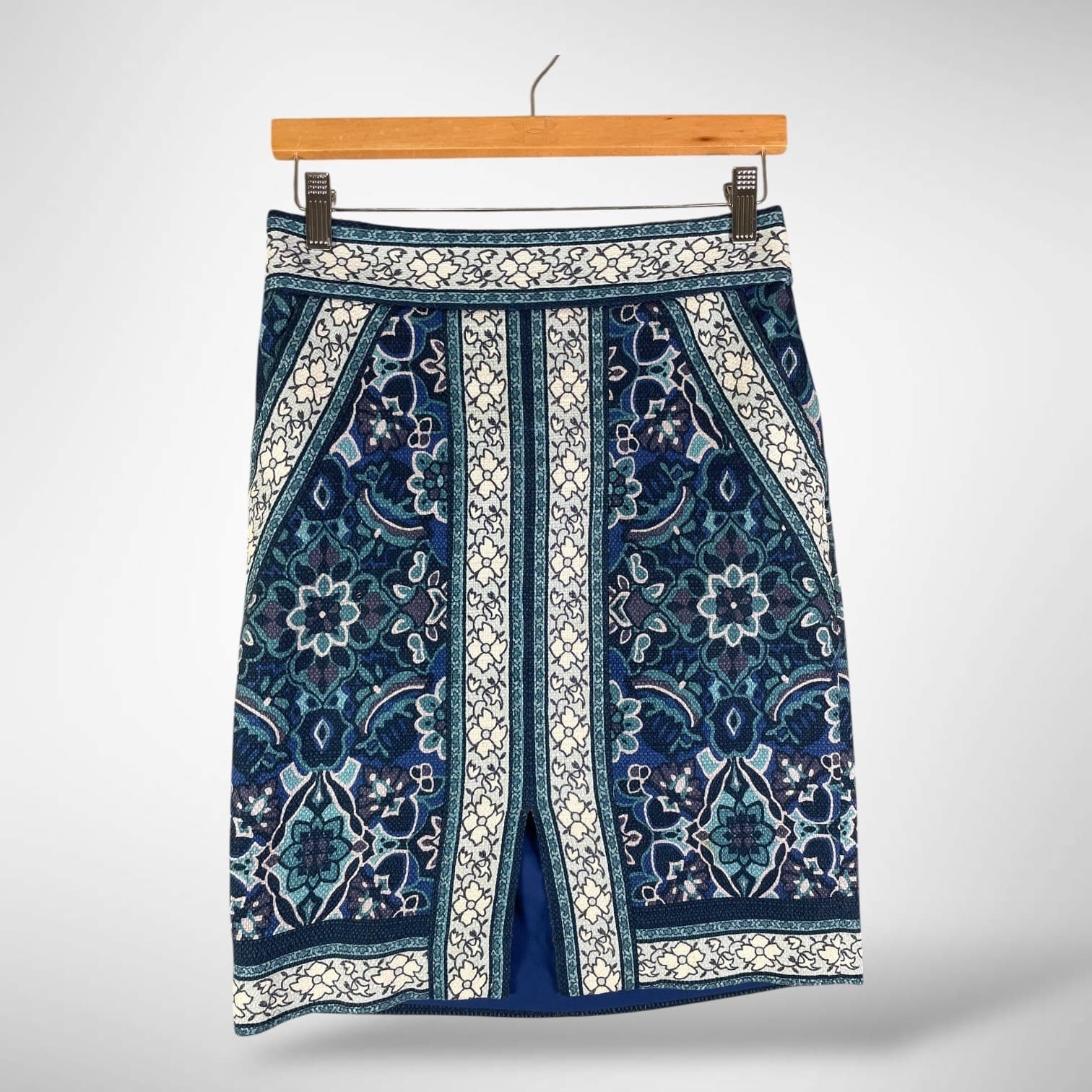 LOFT Pencil Skirt Womens Size 2 Blue Geometric Knee Length Stretch Office Split - Thumbnail 2
