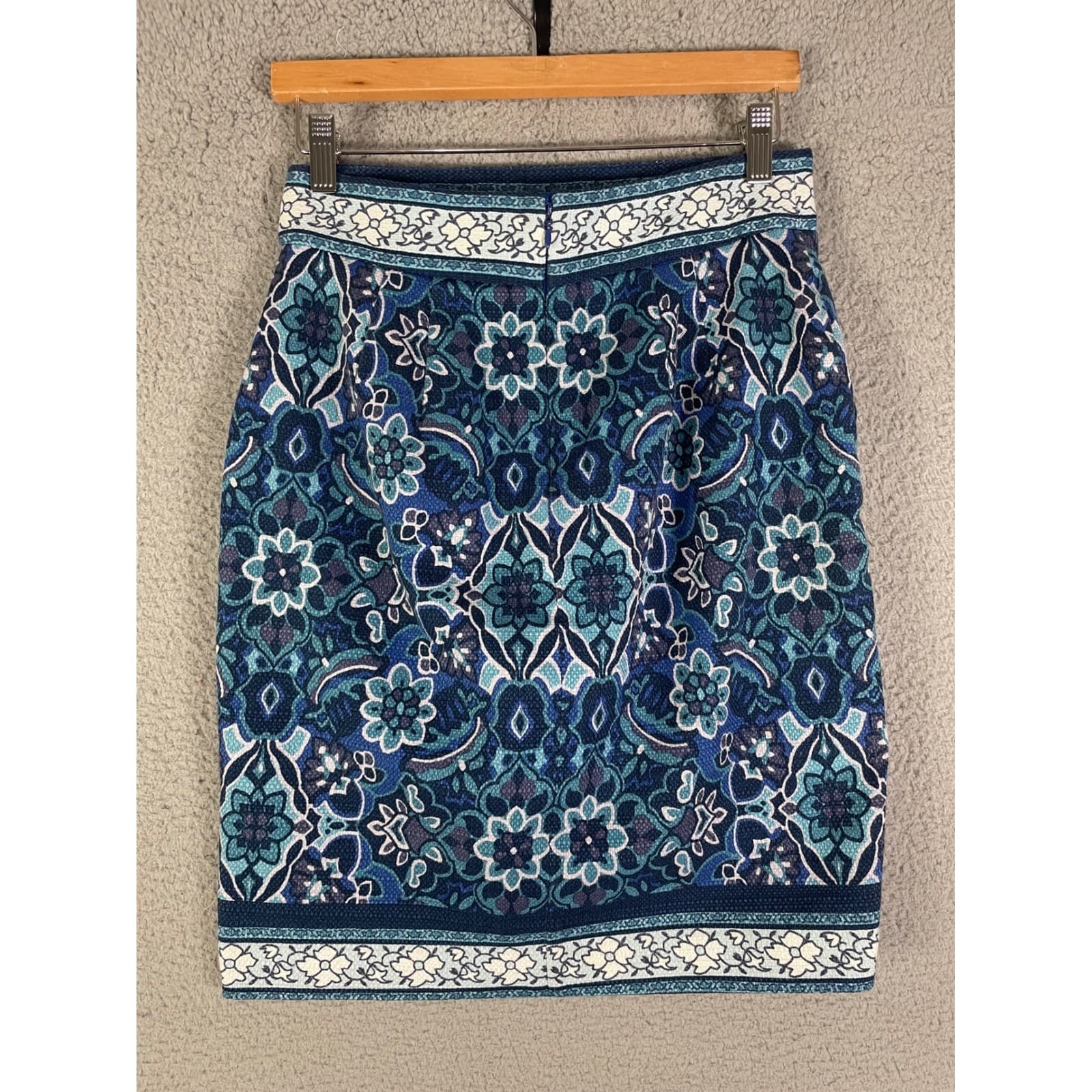 LOFT Pencil Skirt Womens Size 2 Blue Geometric Knee Length Stretch Office Split - Thumbnail 12
