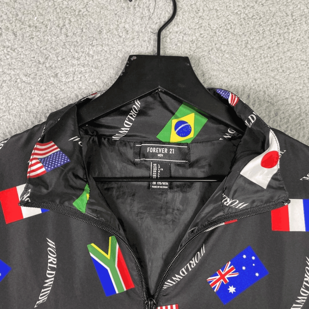 Forever 21 Windbreaker Jacket 1/4 Zip Mens Size Large Flag Graphic Worldwide - Thumbnail 5