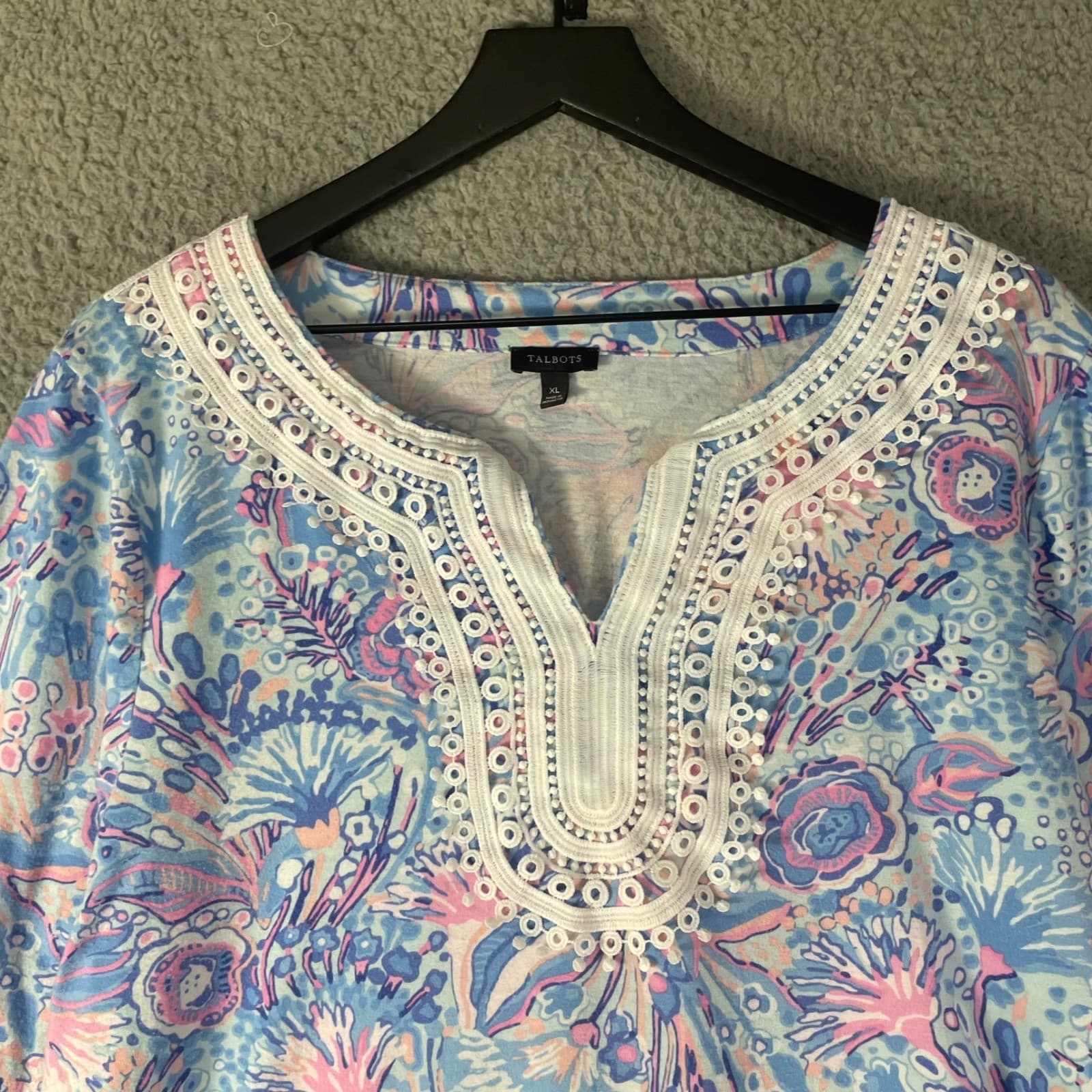 Talbots Tunic Top Womens XL Blue Floral Lace Trim 3/4 Sleeve Cotton Modal Boho - Thumbnail 8