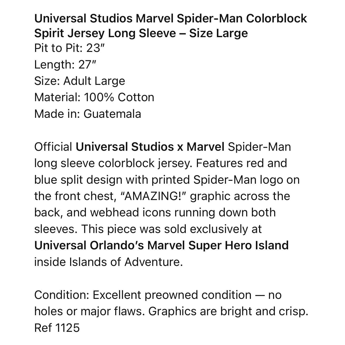 Universal Studios Marvel Spider-Man Spirit Jersey Adult Large Red Long Sleeve - Thumbnail 2