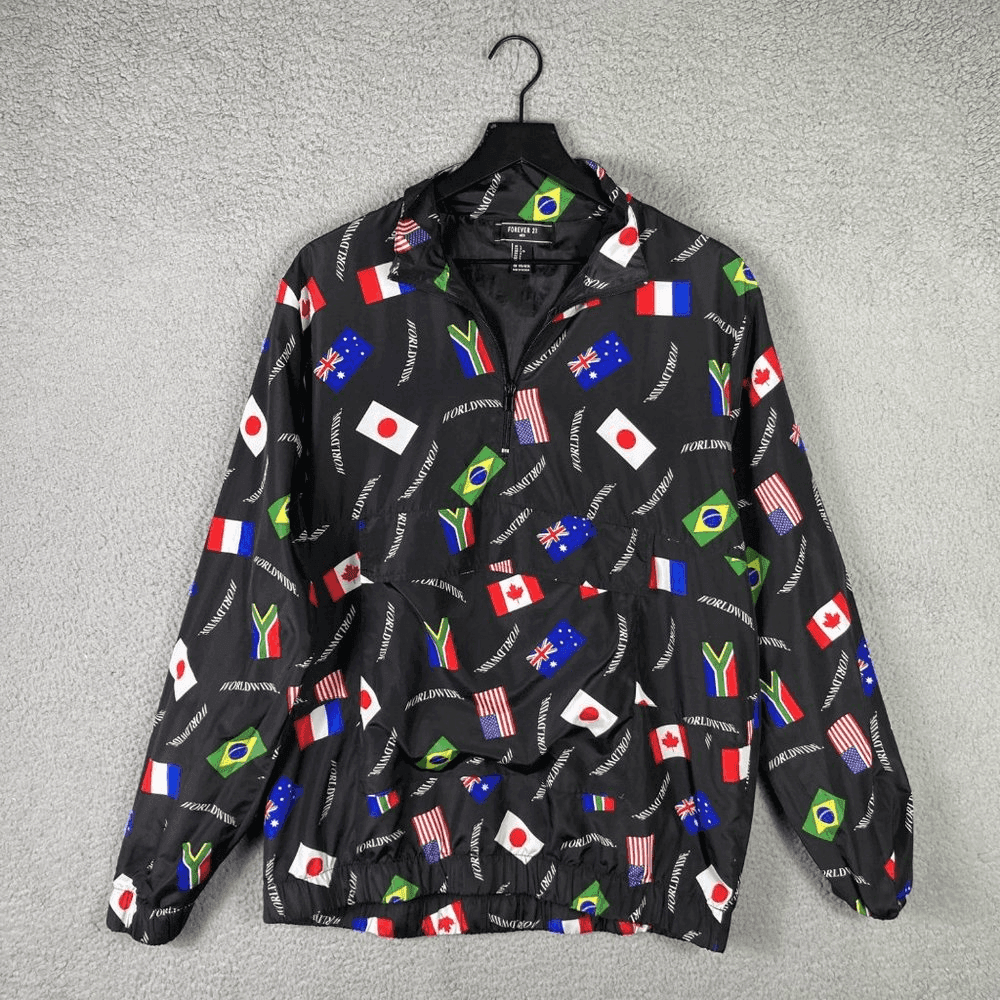 Forever 21 Windbreaker Jacket 1/4 Zip Mens Size Large Flag Graphic Worldwide - Thumbnail 3