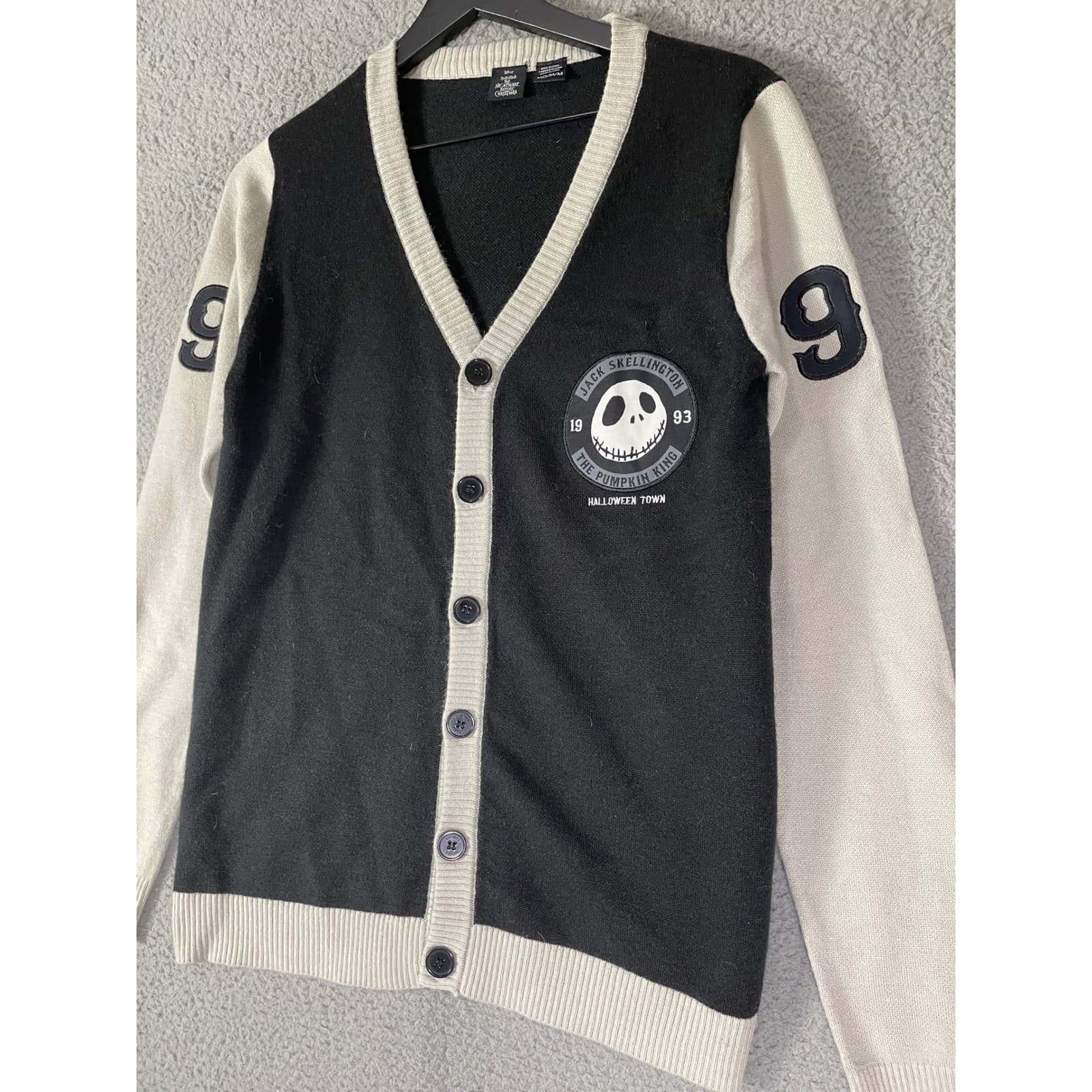 Disney Jack Skellington Cardigan Men's Medium Black Gray Varsity Style Sweater - Thumbnail 8