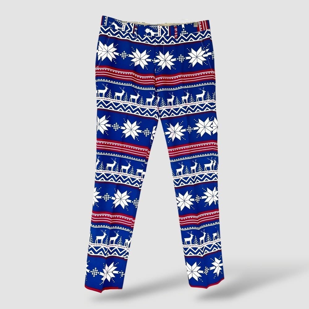 OPPOSUITS Mens Ugly Christmas Pants Reindeer Snowflake Blue Red Size 38W 31L - Thumbnail 2